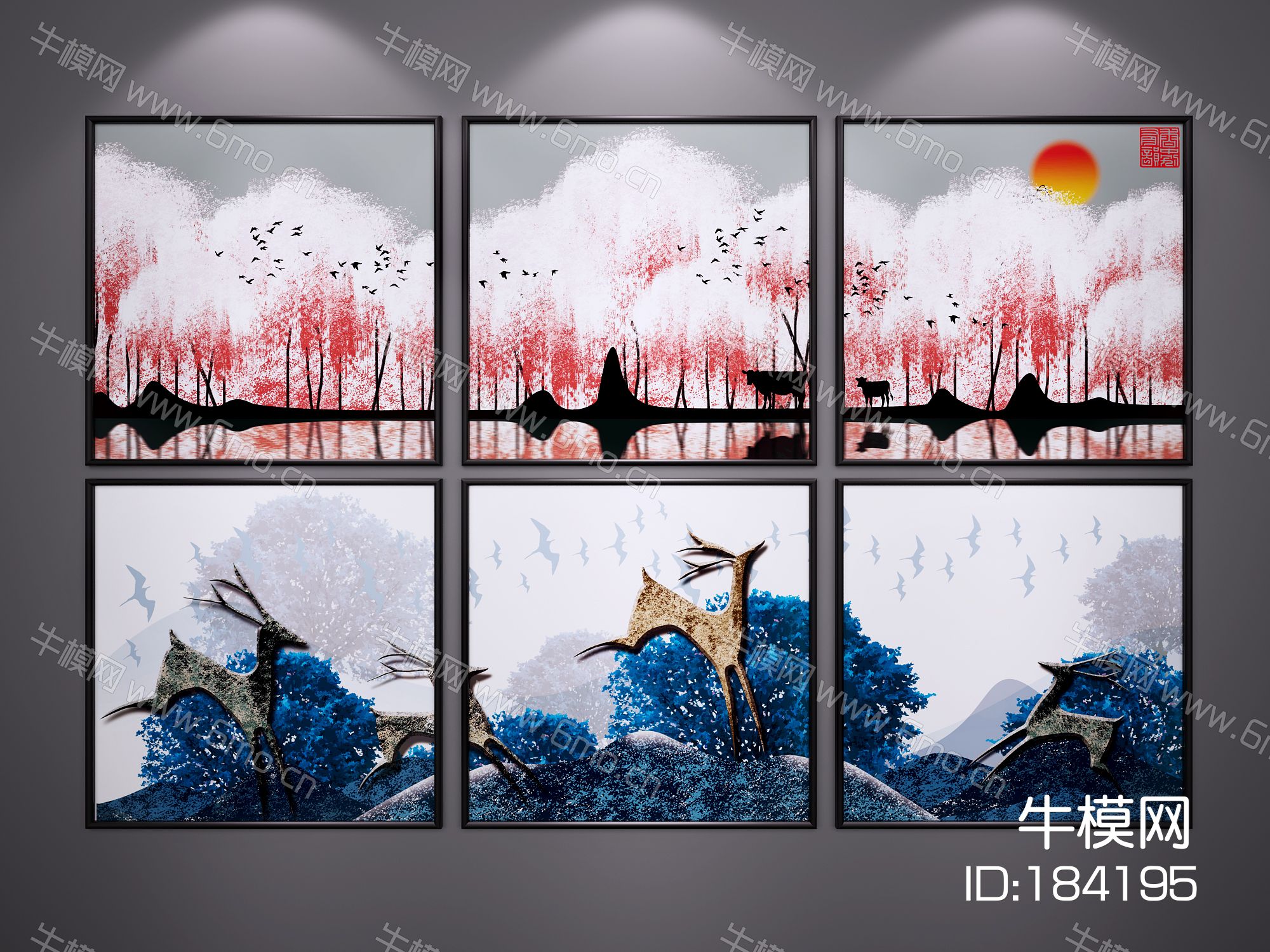 现代新中式装饰挂画 山水画 水墨画 艺术画 三联画 玄关端景画