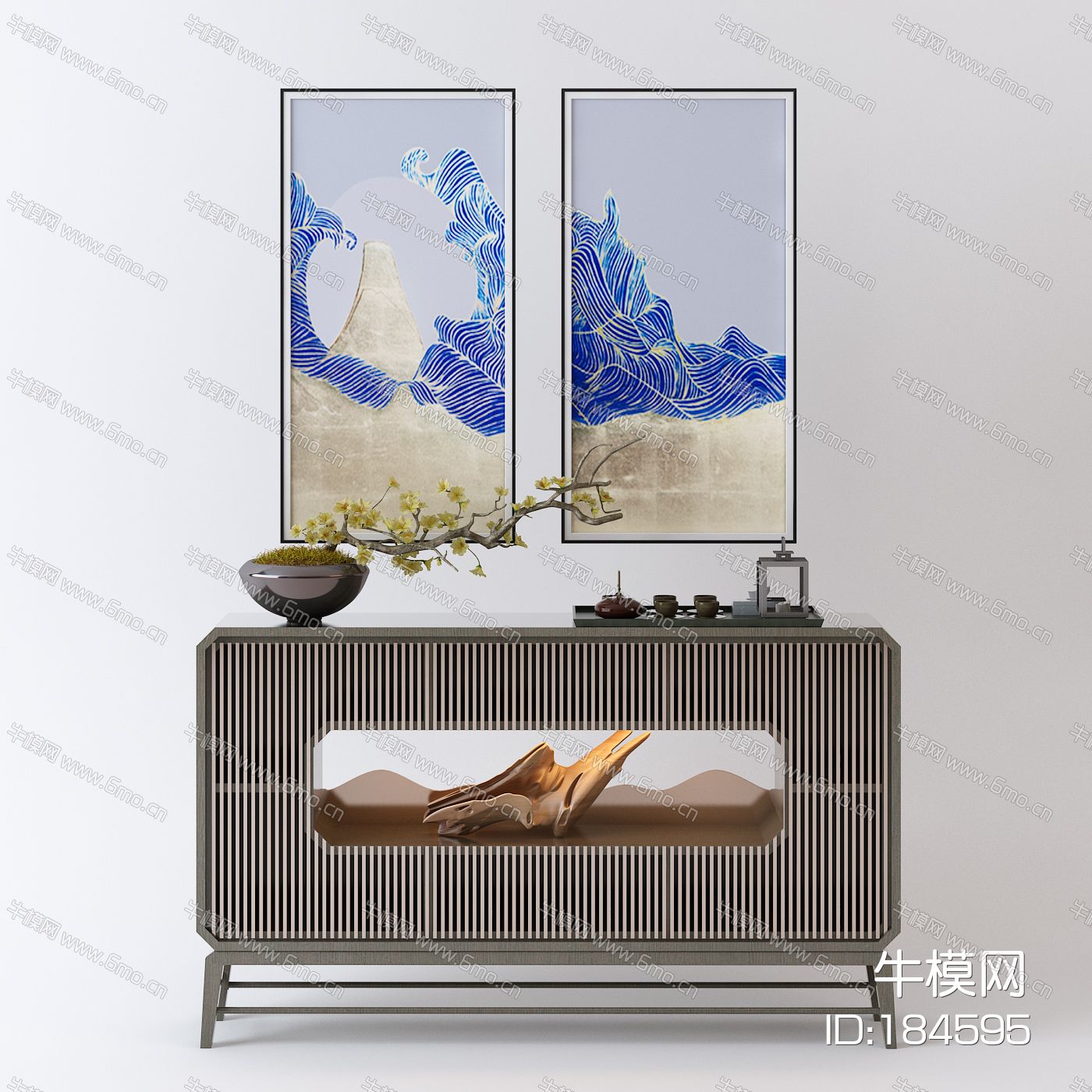 现代前台桌挂画盆栽