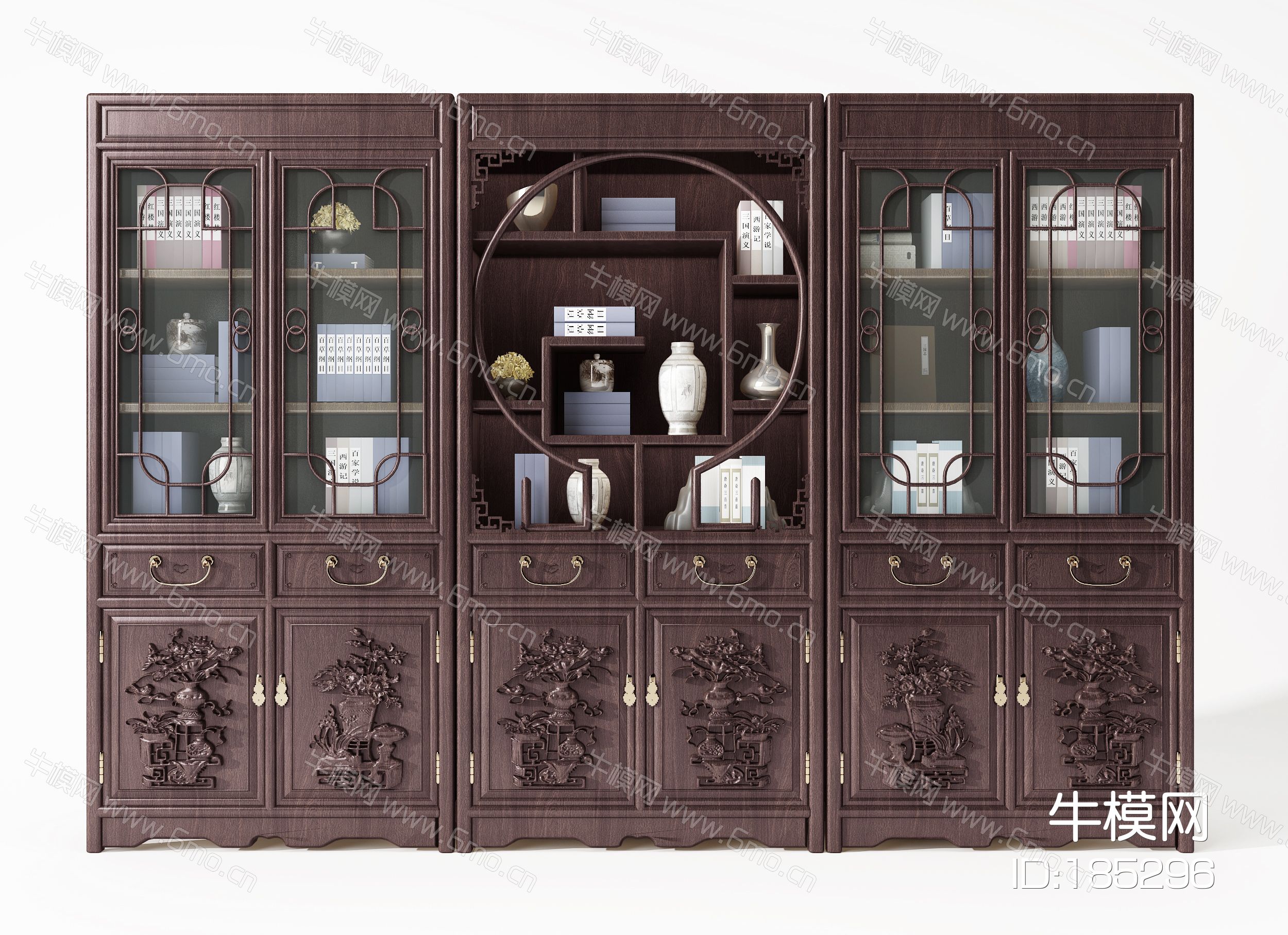 中式古典红木雕花书柜