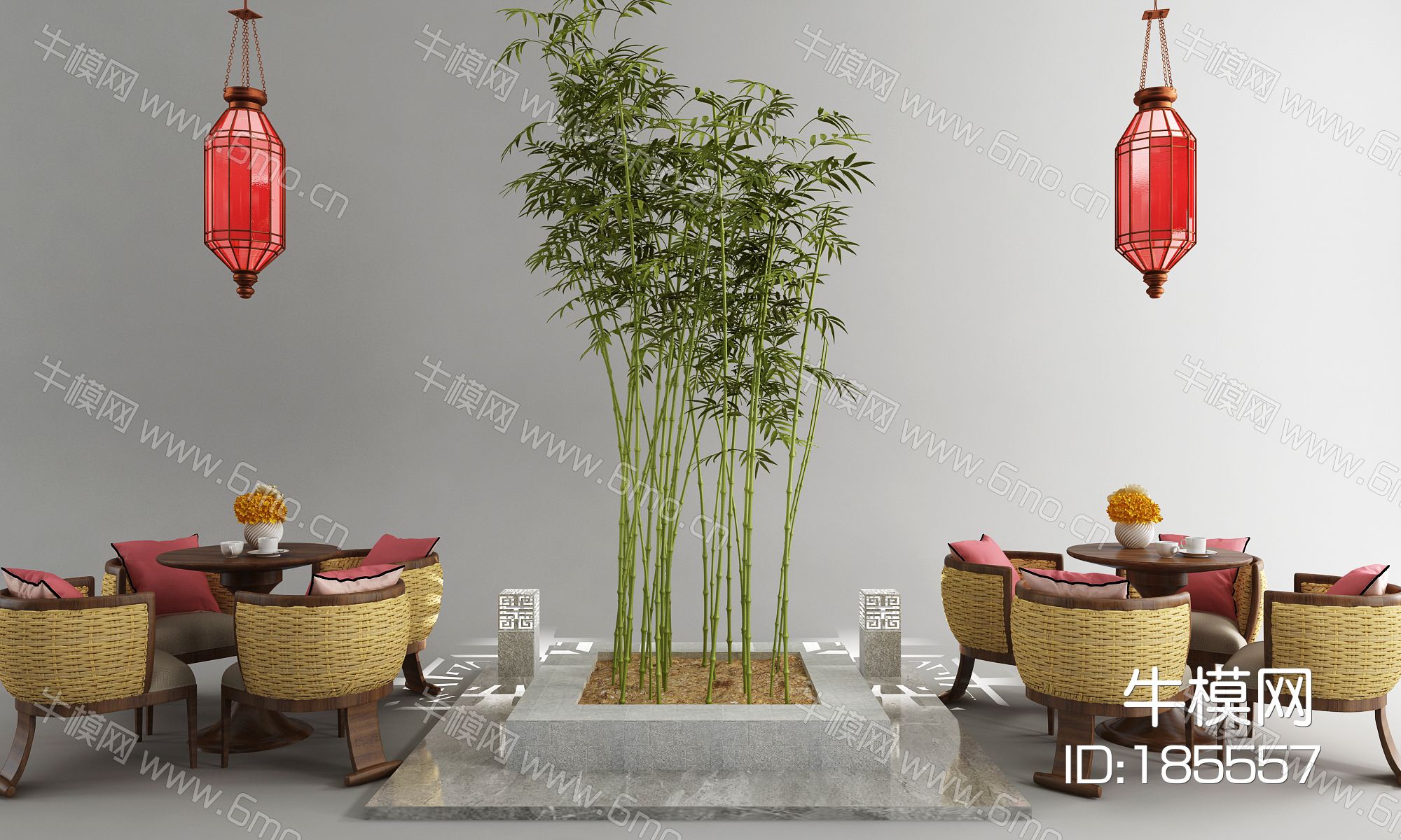 新中式桌椅组合 花坛竹子