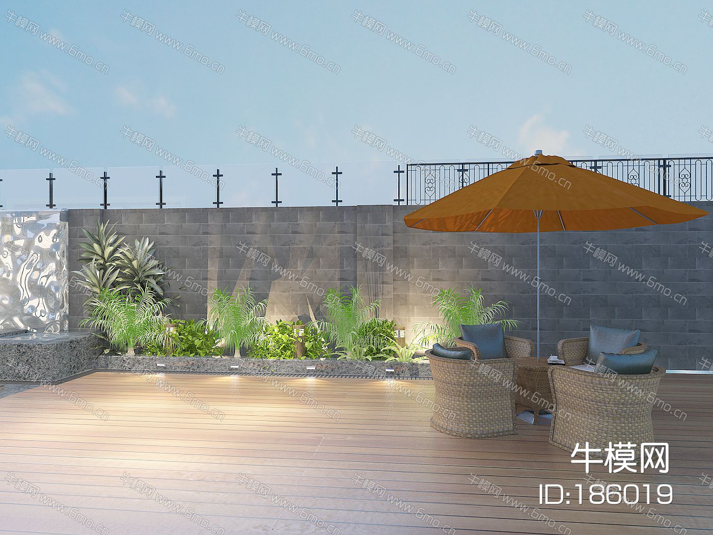 现代别墅露台庭院景观，绿植，植物堆，花坛，休闲平台，室外休闲桌椅，防晒伞