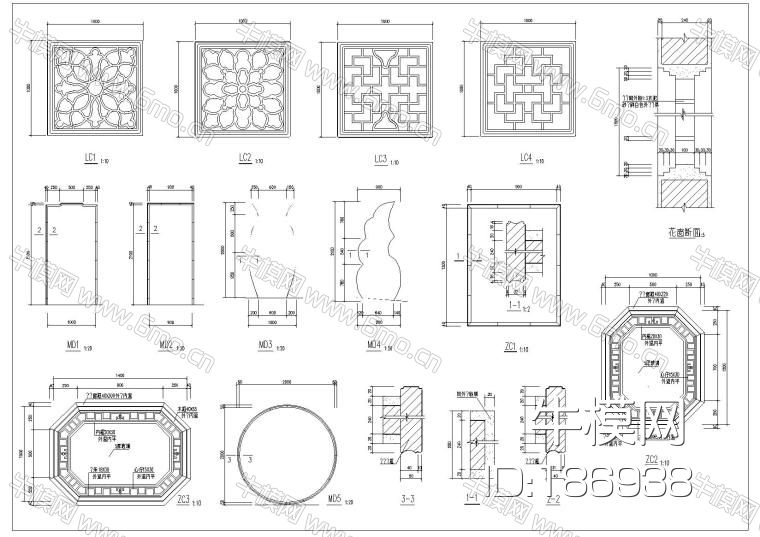 中式风格元素CAD图纸（含茶室、传统古建元素门窗、门扣、彩画）