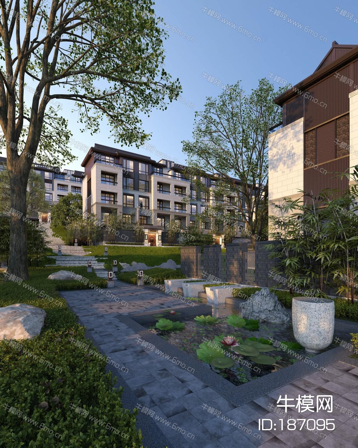 新中式现代新亚洲多层住宅建筑外观 小区庭院景观