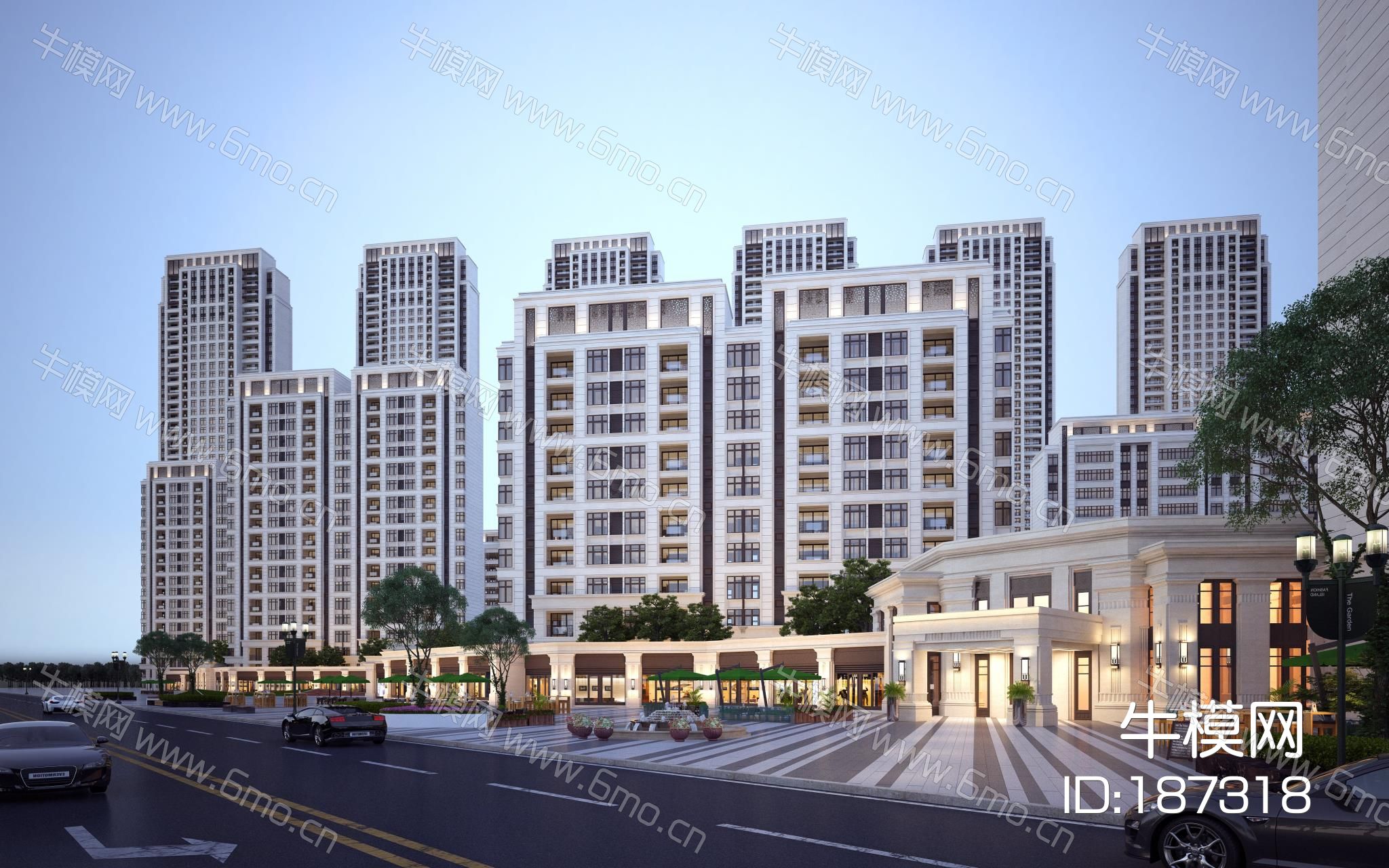 欧式高层住宅建筑外观 沿街商业街