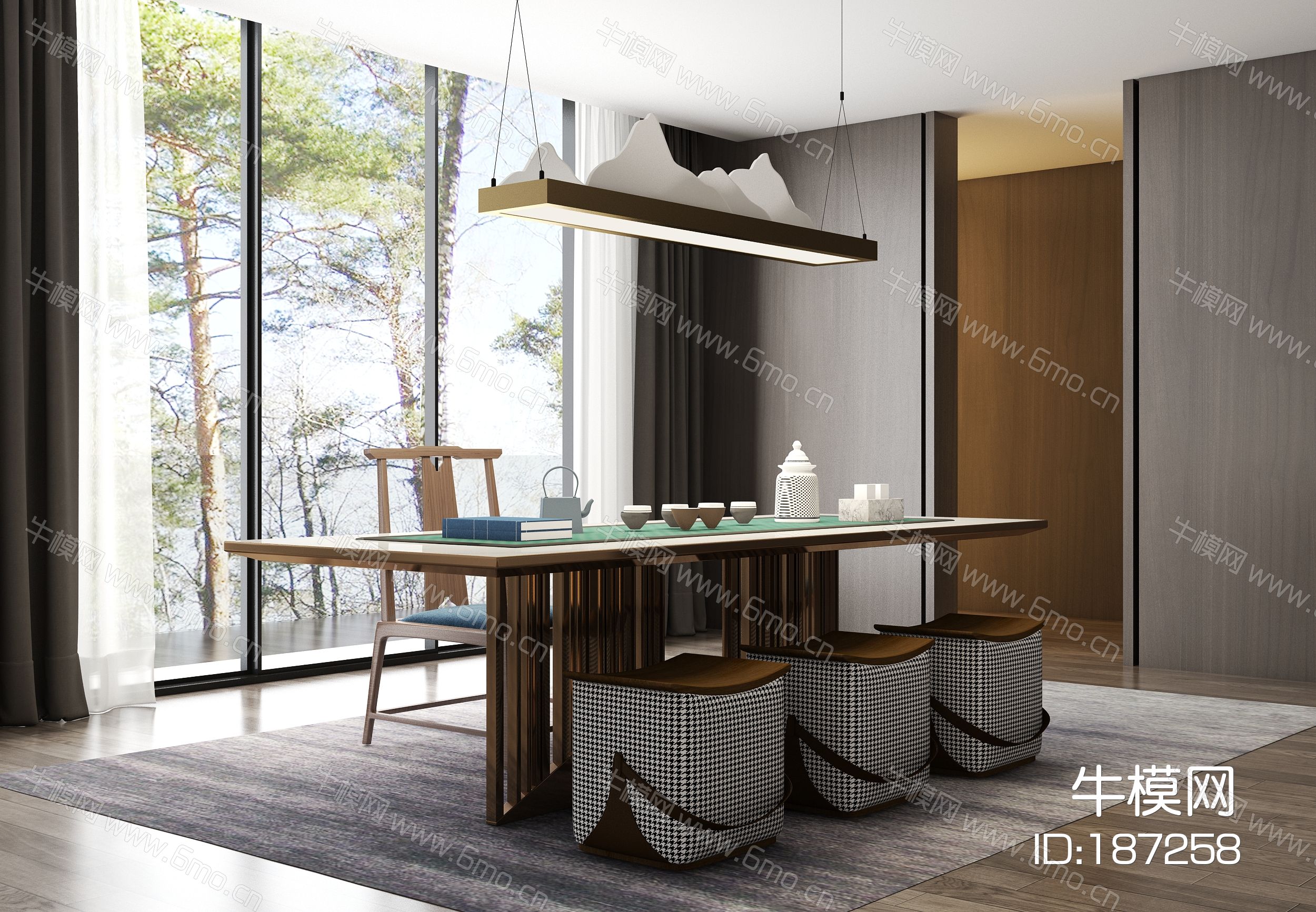 新中式茶桌椅吊灯茶具饰品组合