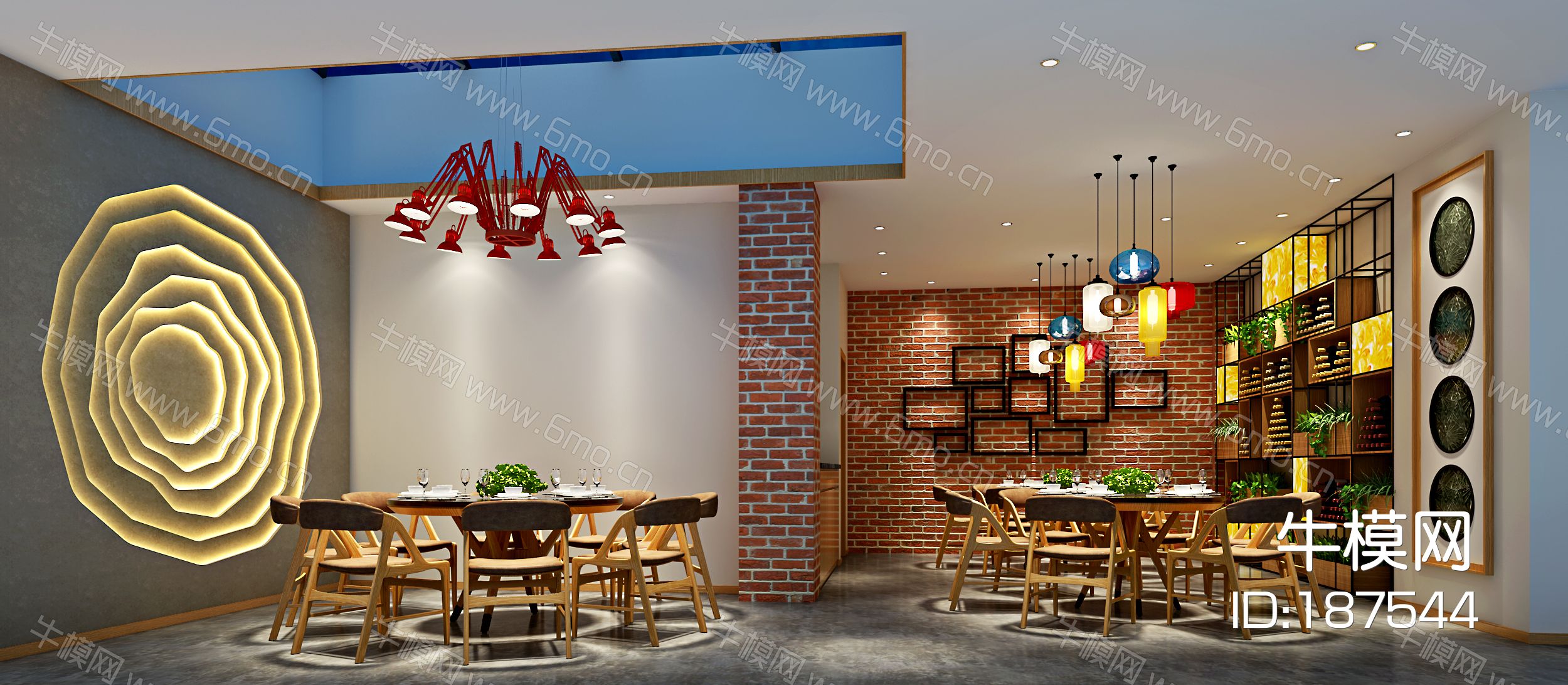 工业风loft餐厅 餐饮空间 餐桌椅 吊灯 墙饰 挂画