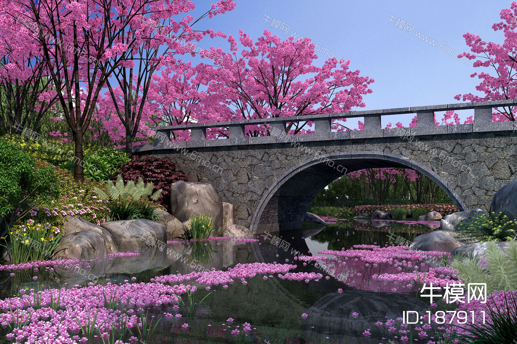 中式园林景观 樱花谷 中式园林 公园 花园 河岸景观 景观组合 景观桥