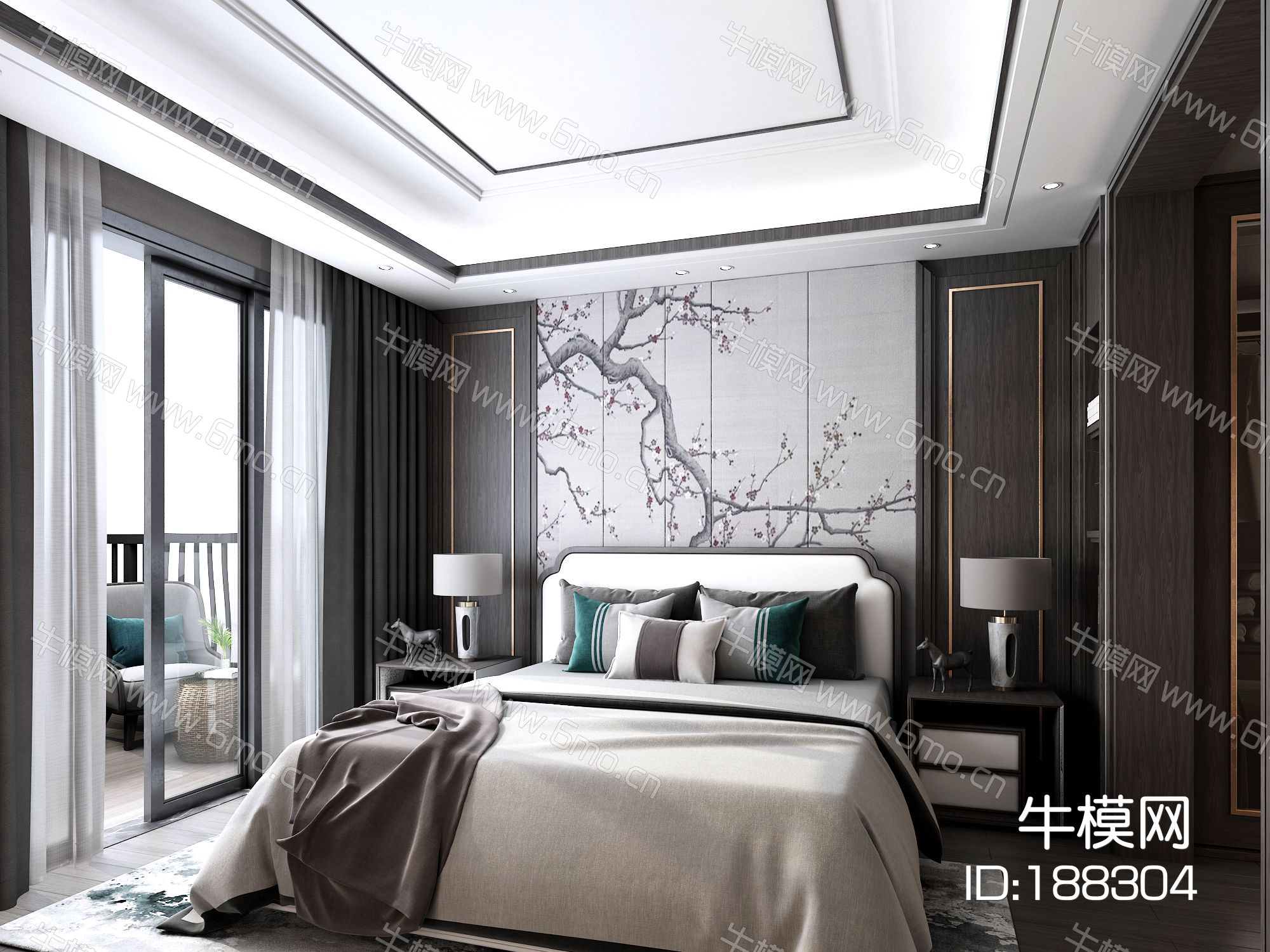 新中式卧室床具组合 床头柜玻璃衣柜背景墙
