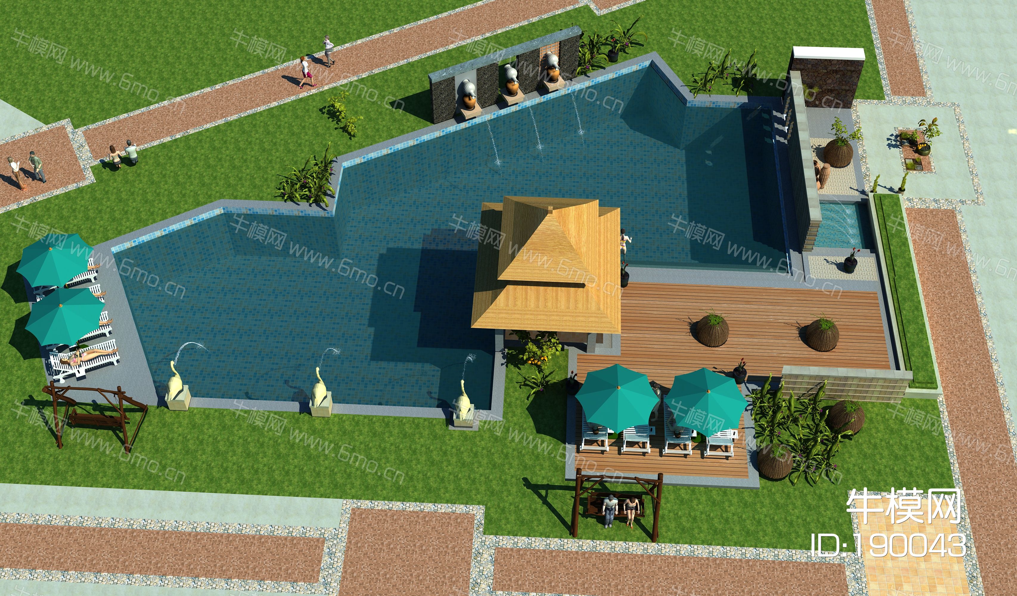 中式户外游泳池水上乐园 温泉人物晒太阳 泳池伞座 植物景观 园林喷水景观