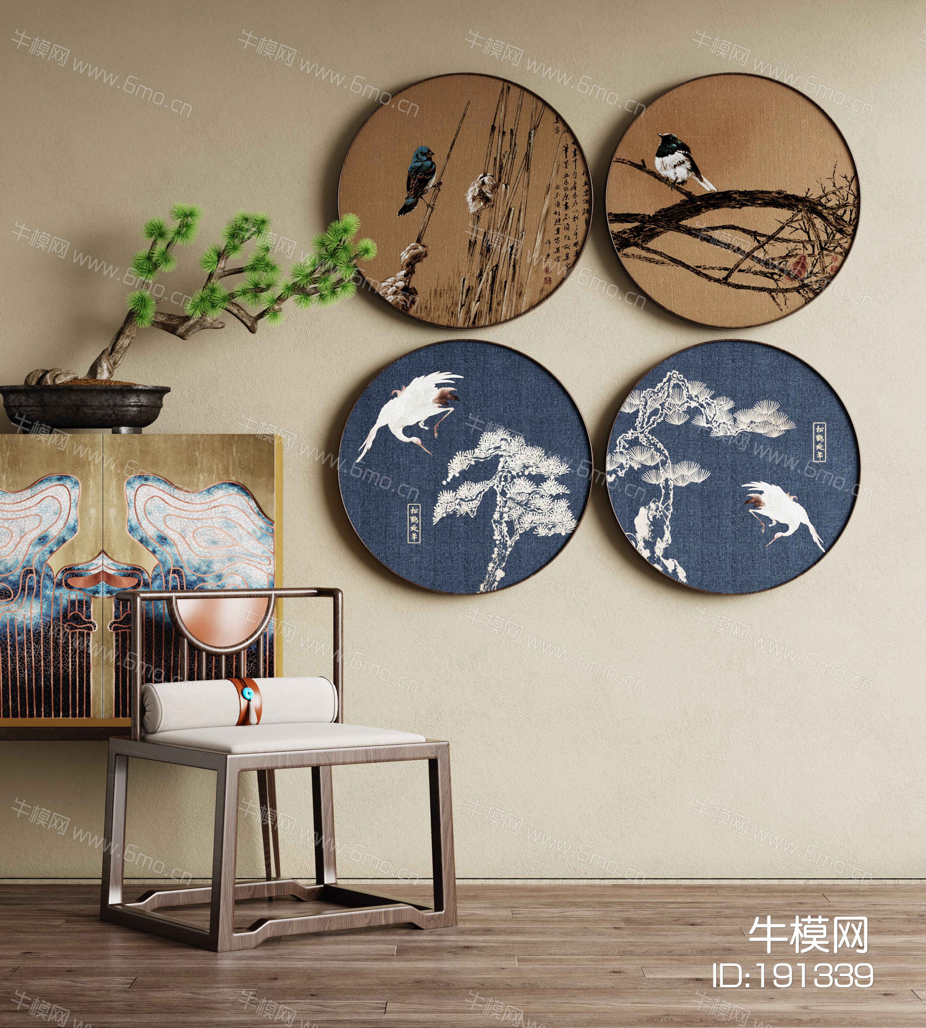 新中式装饰画|装饰字画|水墨装饰画|单椅|绿植|装饰柜