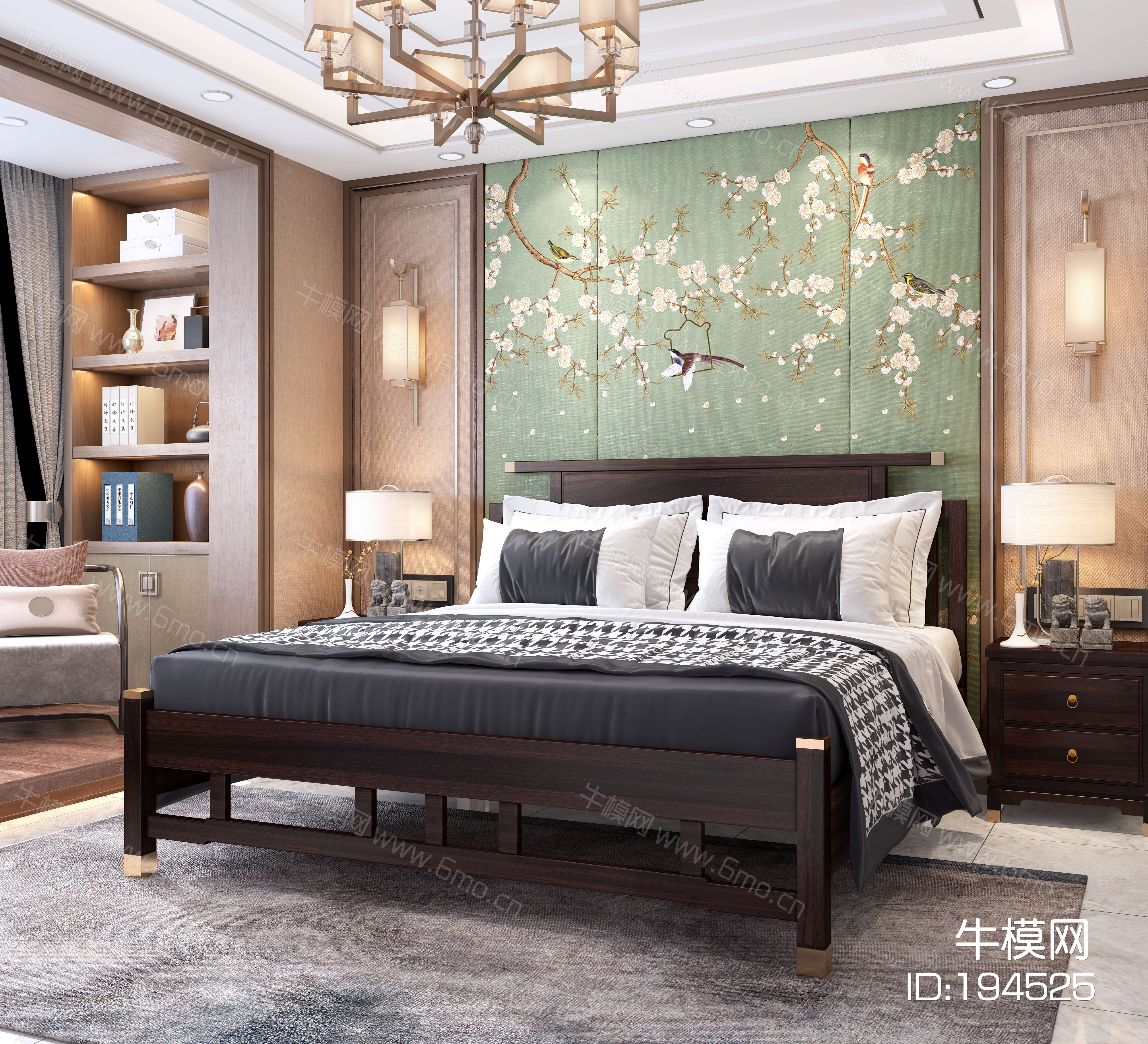 新中式双人床 吊灯 衣柜 地毯 床头柜 壁灯 新中式壁画
