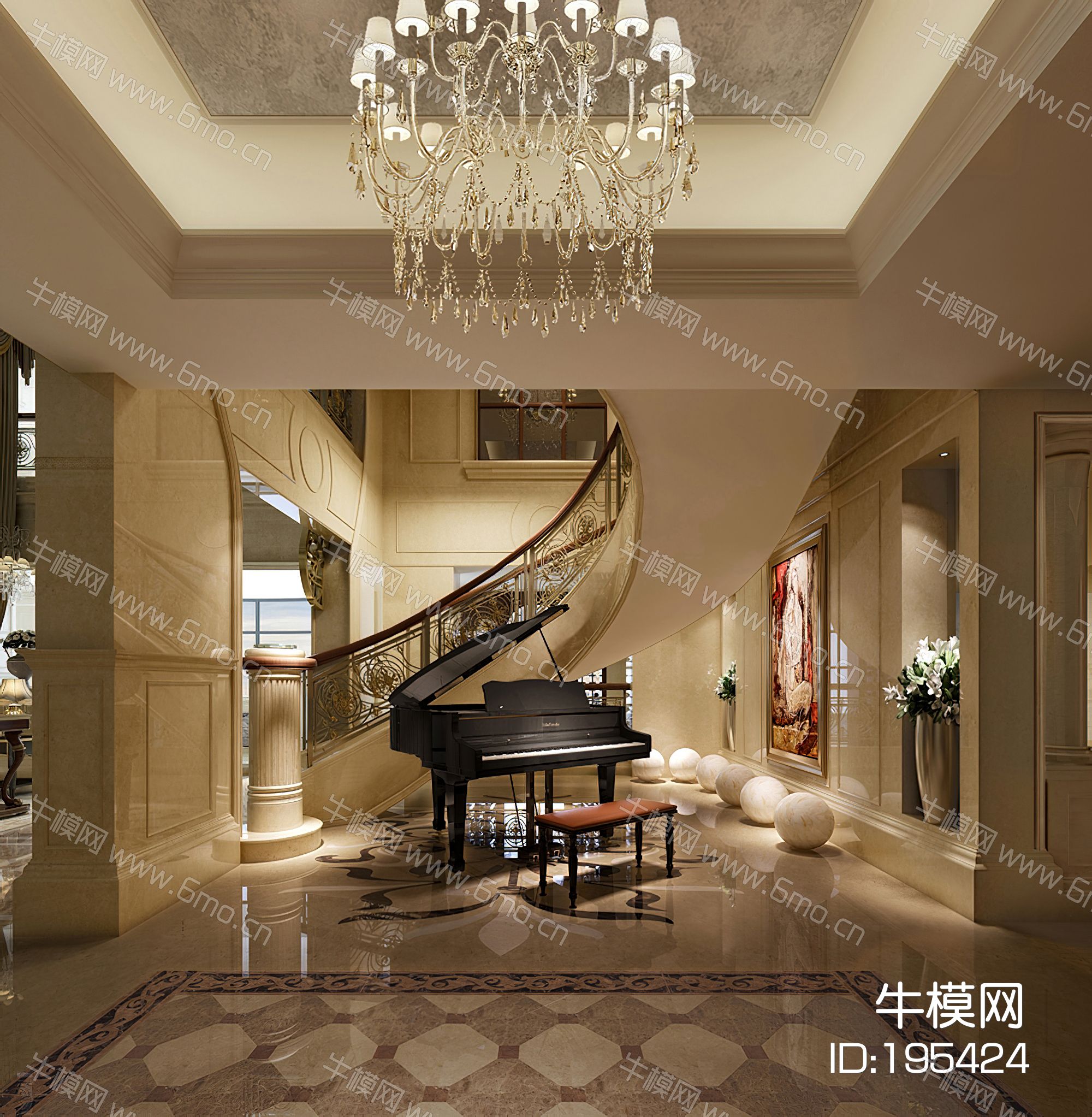 欧式别墅楼梯间，钢琴