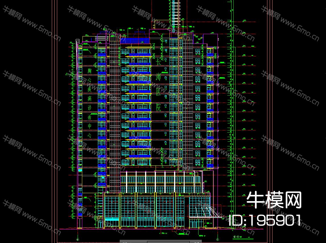 某大型医院门诊楼建筑结构工程项目平面立面电梯雨棚CAD施工图设计图纸