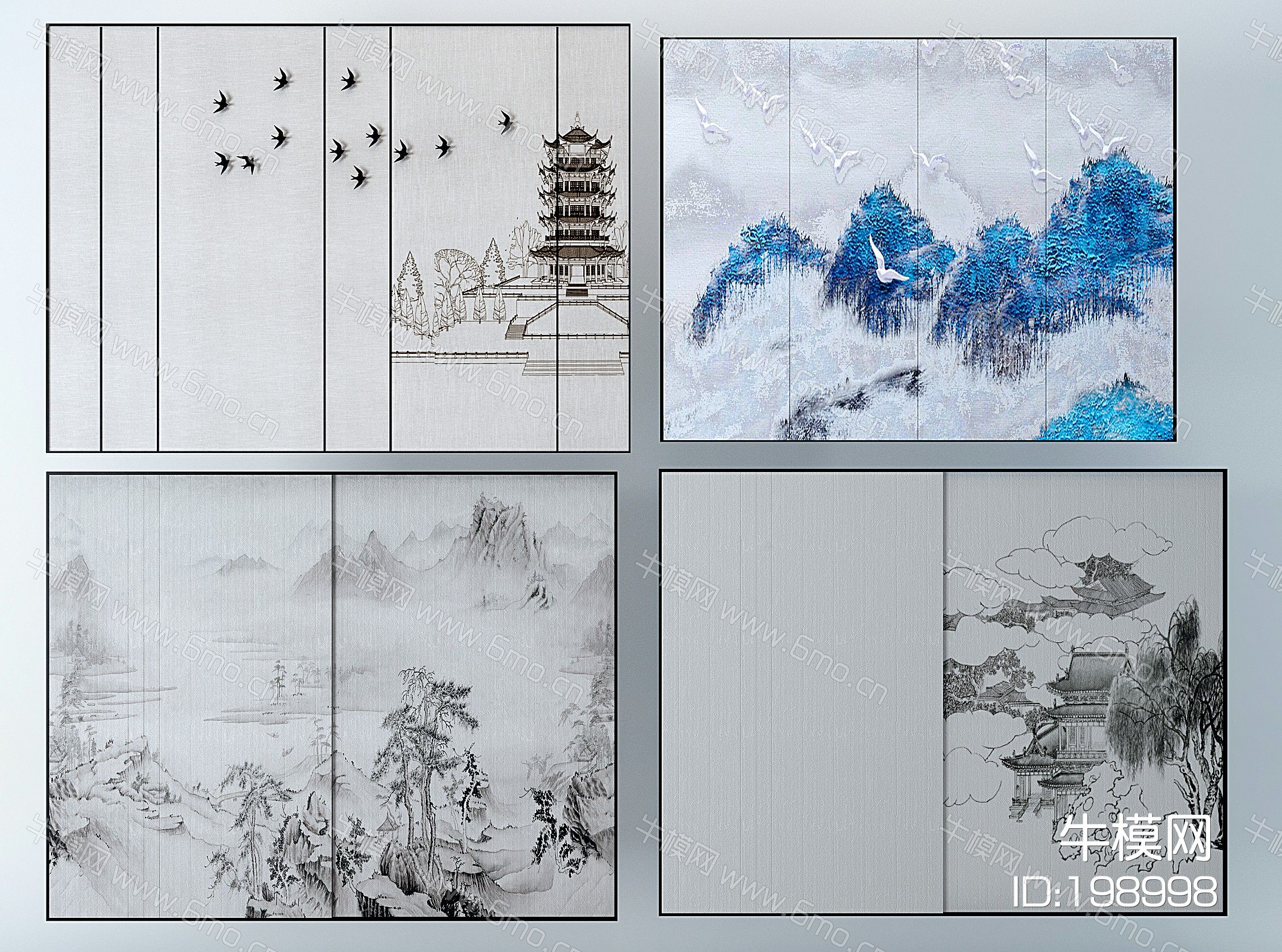 新中式水墨画硬包背景墙，装饰画