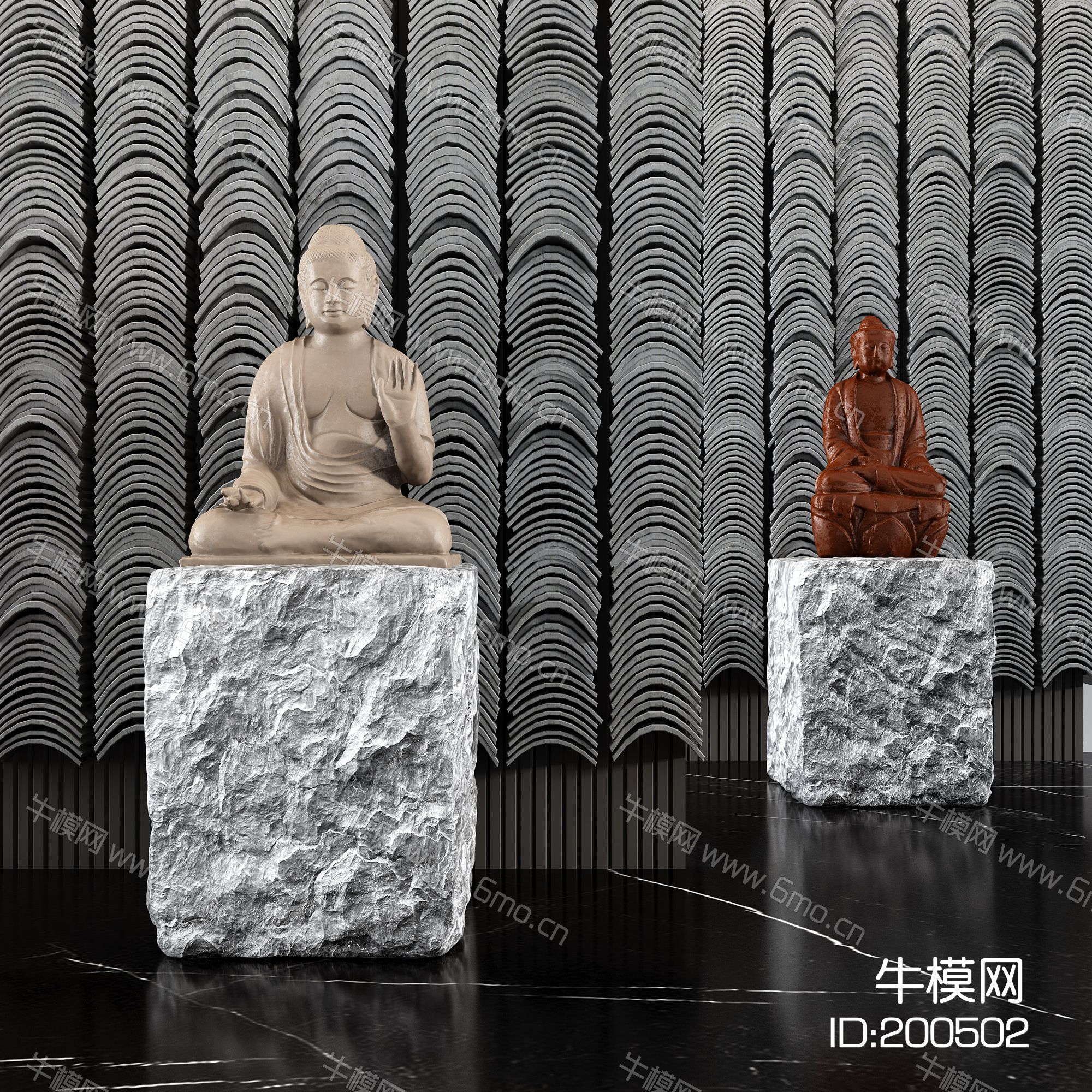 新中式佛像雕塑  石头墩子瓦片墙