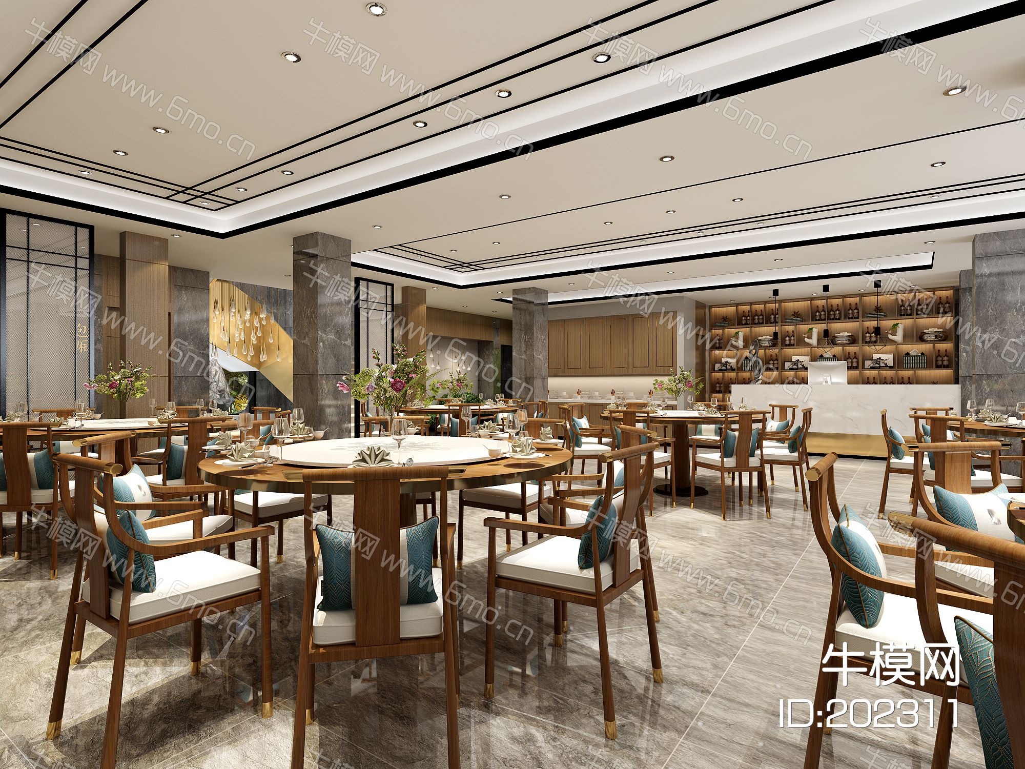 新中式餐饮店、餐桌、楼梯、雕塑、吧台、酒柜