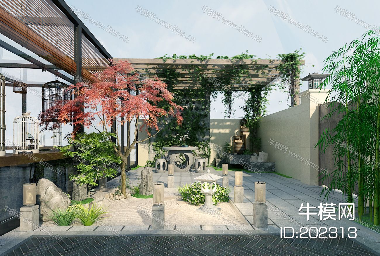新中式景观庭院，石桌椅，廊架
