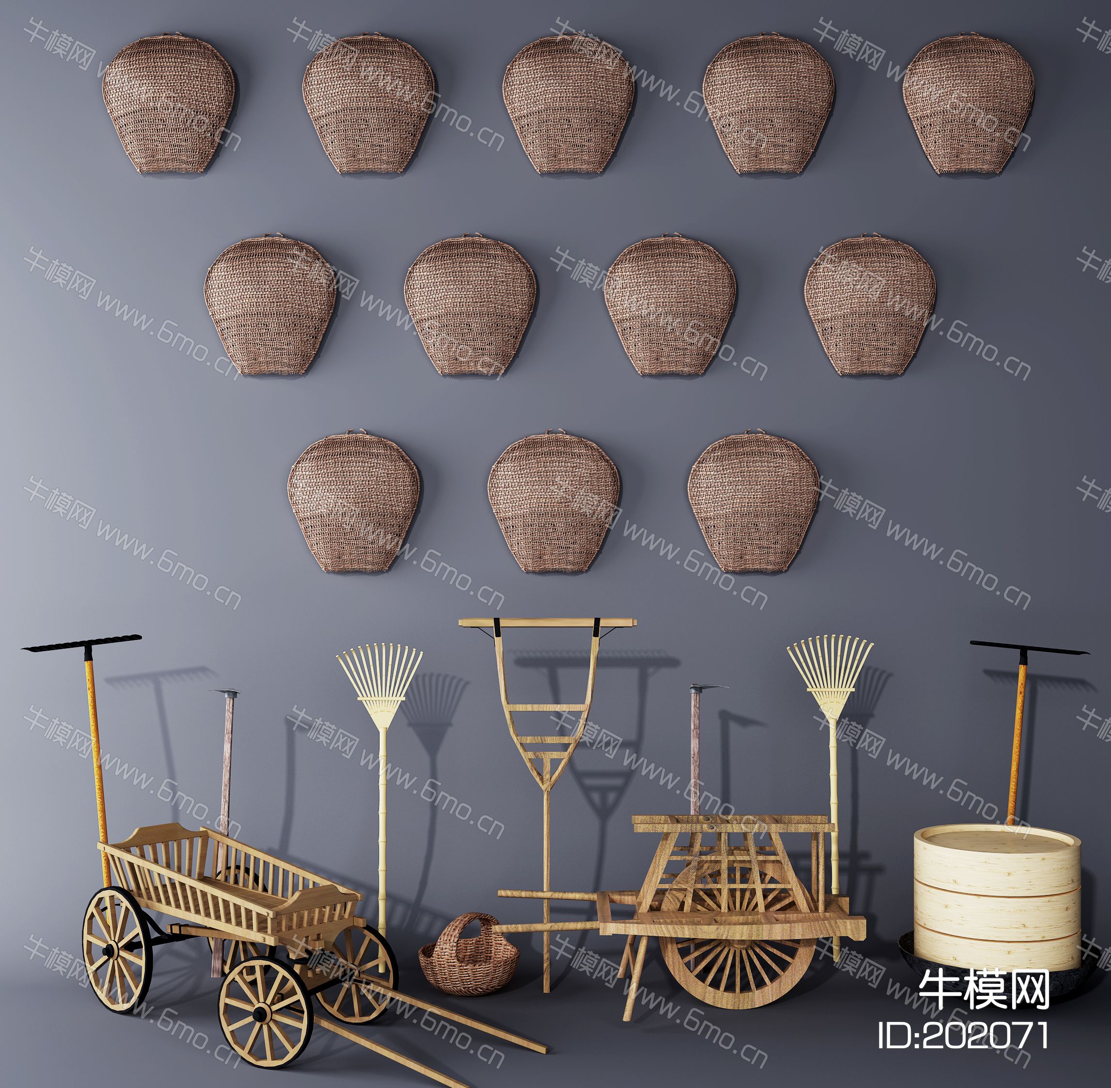 新中式农村，实木推车，簸箕农具组合