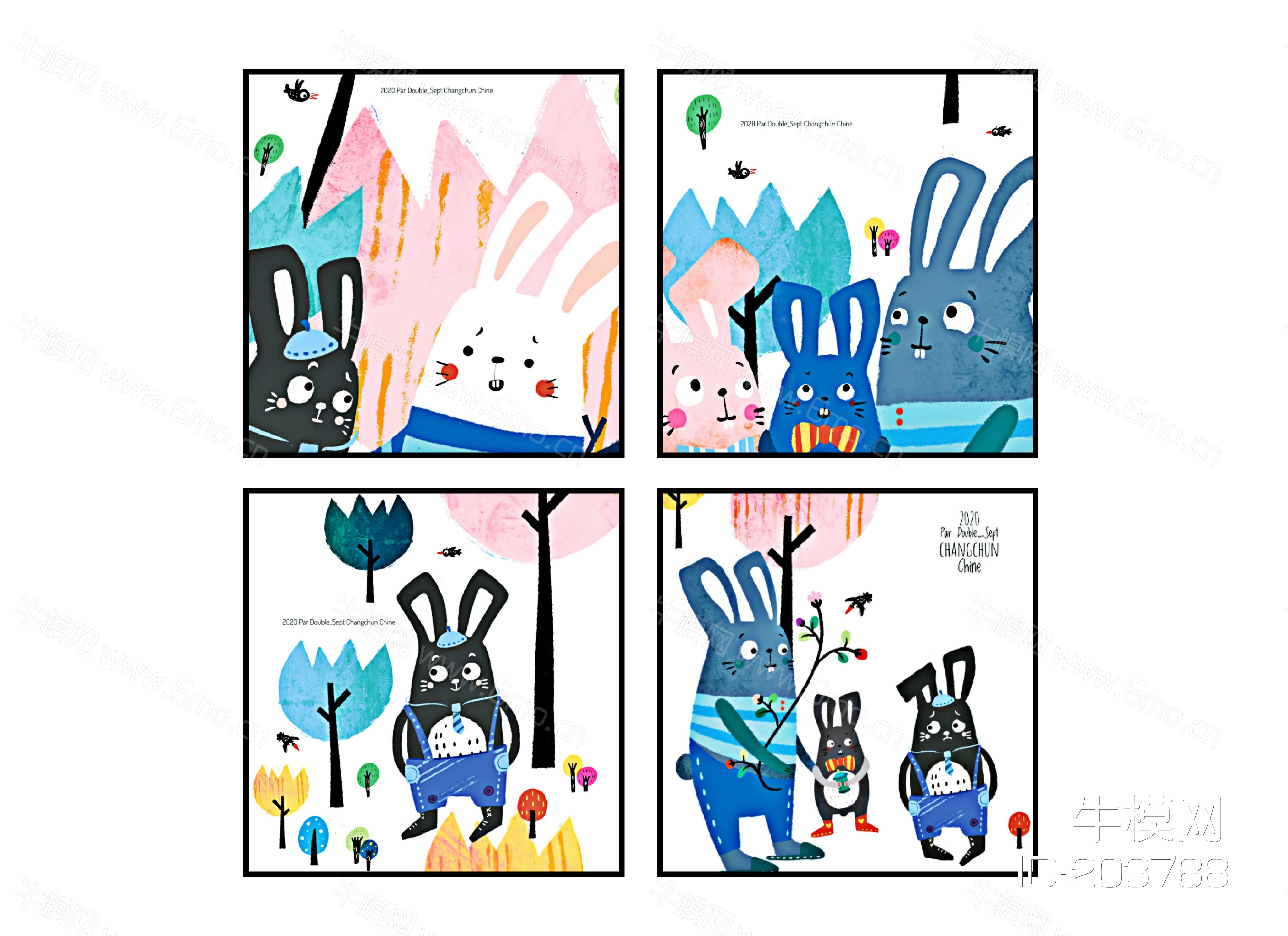 现代儿童卡通装饰画,可爱兔子组合挂画