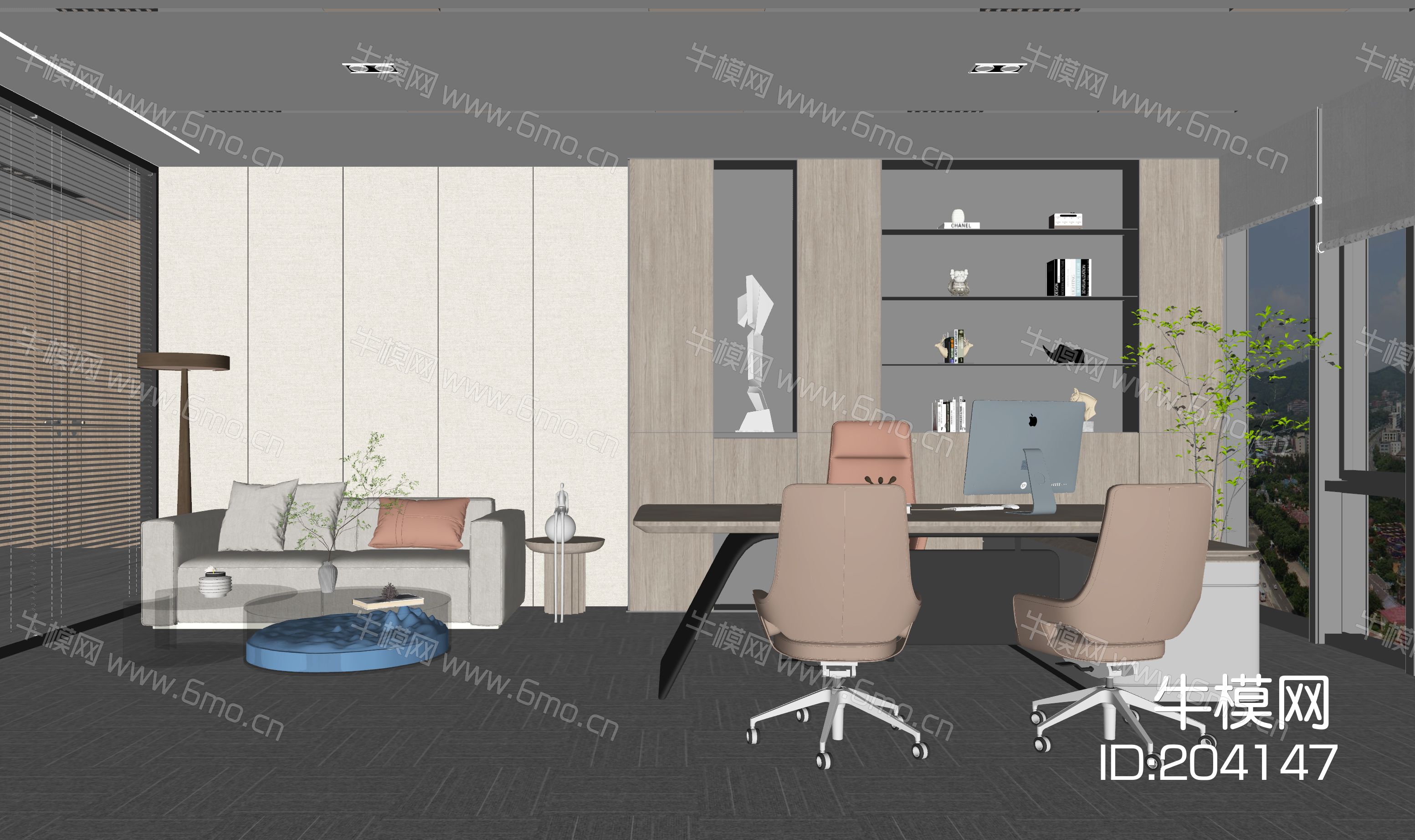 现代总经理办公室|办公桌|靠背单椅|水生绿植|装饰架|布艺沙发
