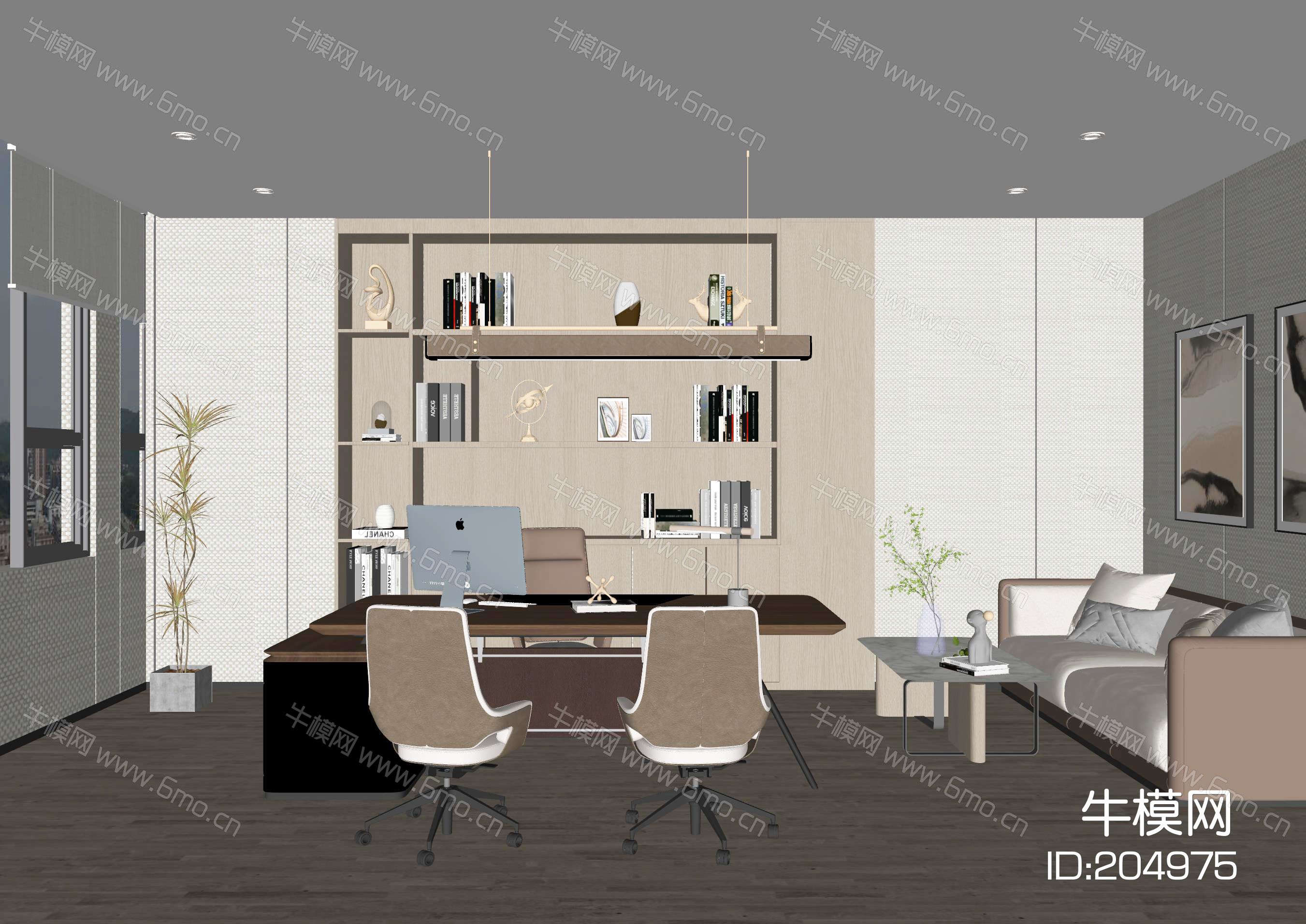 现代经理办公室|实木办公桌|办公椅|布艺沙发|石质茶几|书柜
