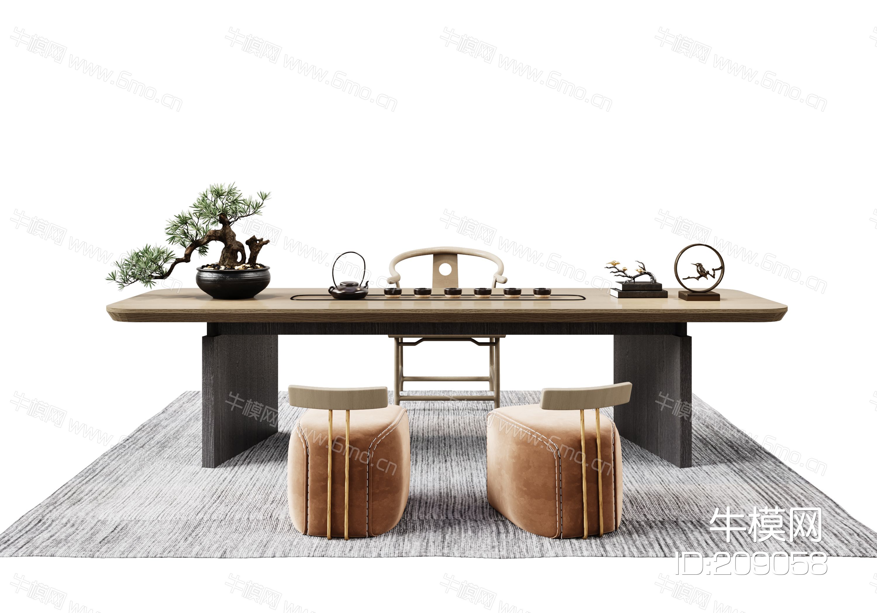 新中式茶桌椅组合  凳子  茶具  茶壶  单椅  地毯