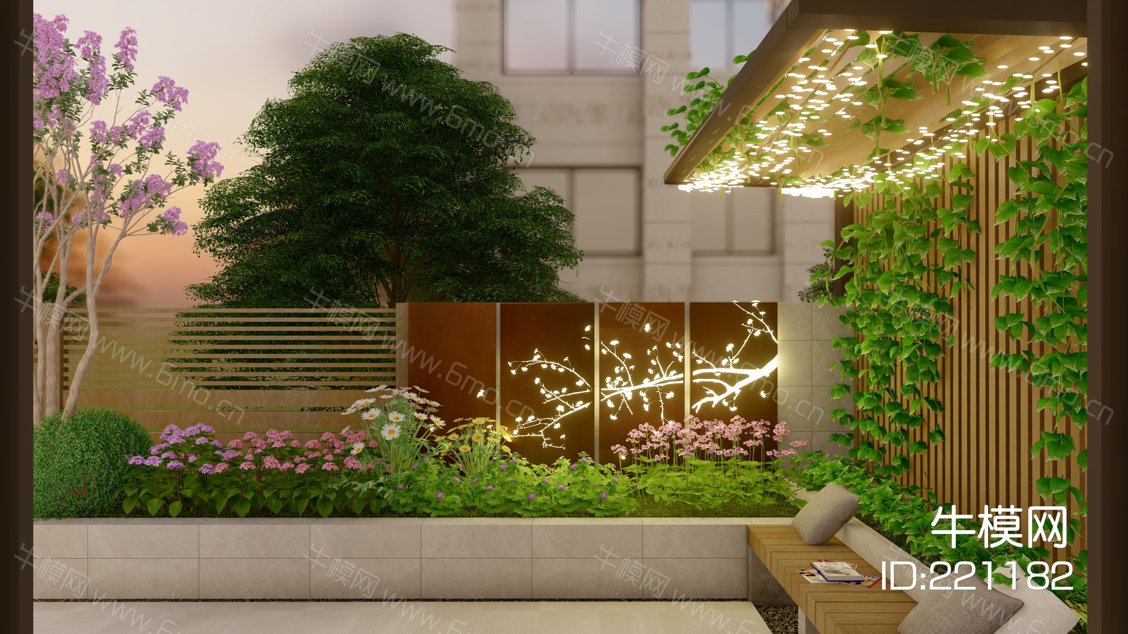 现代花园庭院景观 景墙 休闲座凳 灯具 耐候钢板