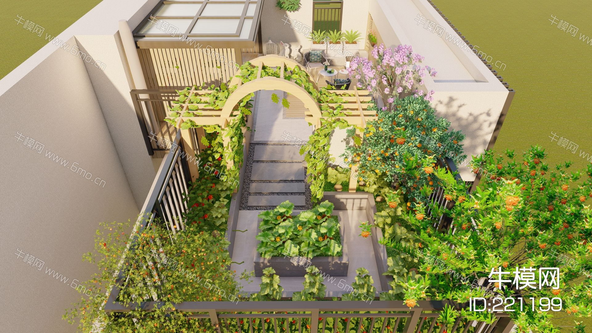 现代花园庭院景观 景墙 休闲座凳 灯具 屋顶花园 菜地 花架 洗衣区