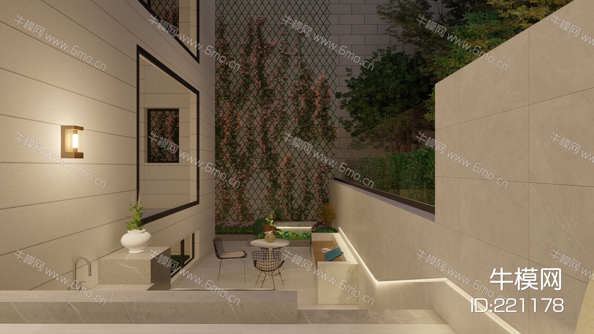 现代花园庭院景观 景墙 休闲座凳 灯具 耐候钢板 操作台 玻璃砖