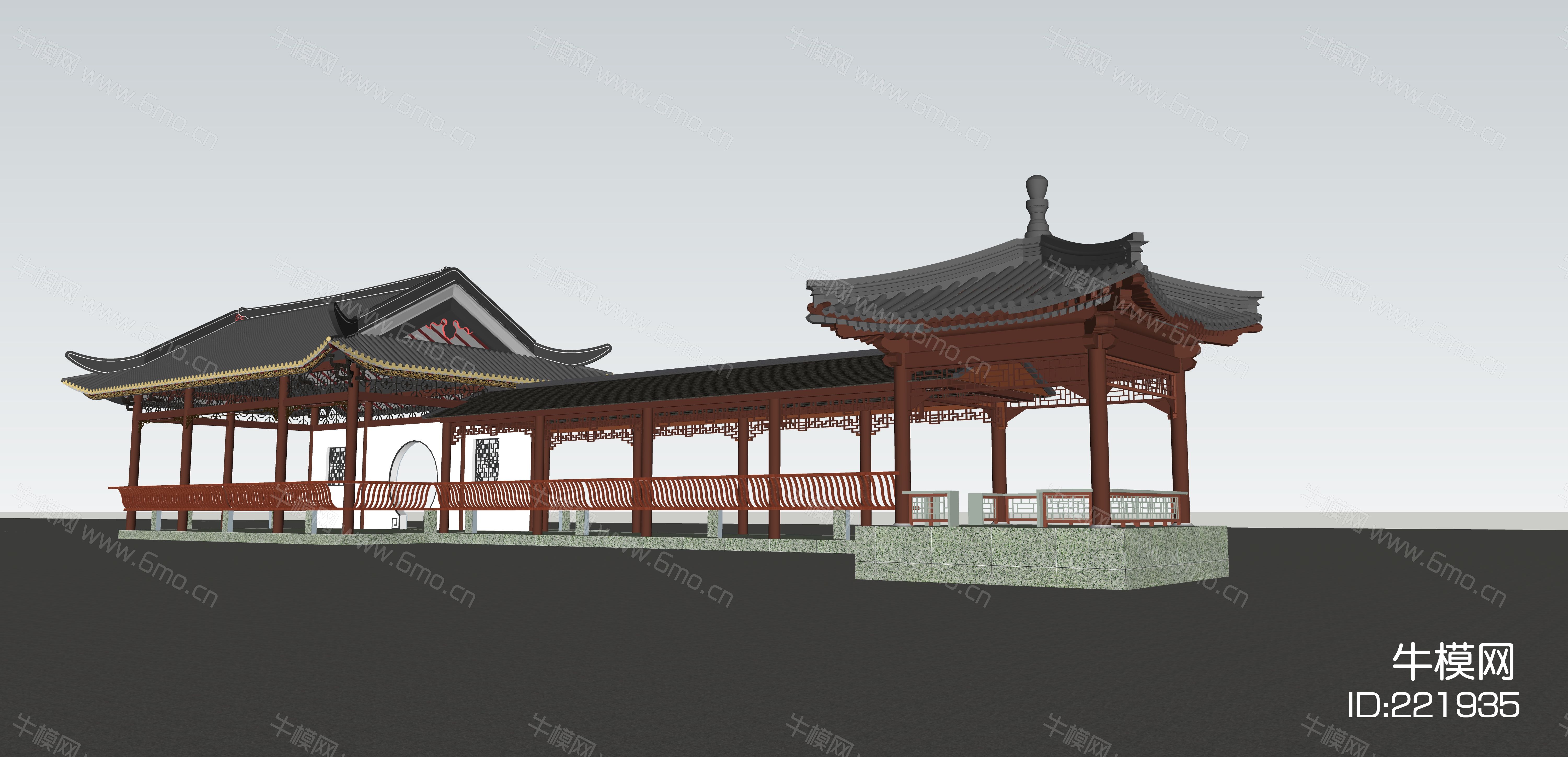中式景观廊亭 滨水长廊su模型