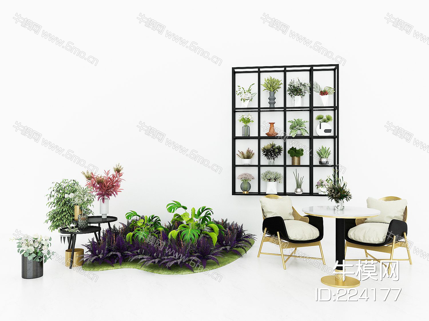 现代庭院绿植，植物堆，盆栽，置物架，货架，休闲桌椅，盆栽架，阳台休息桌椅