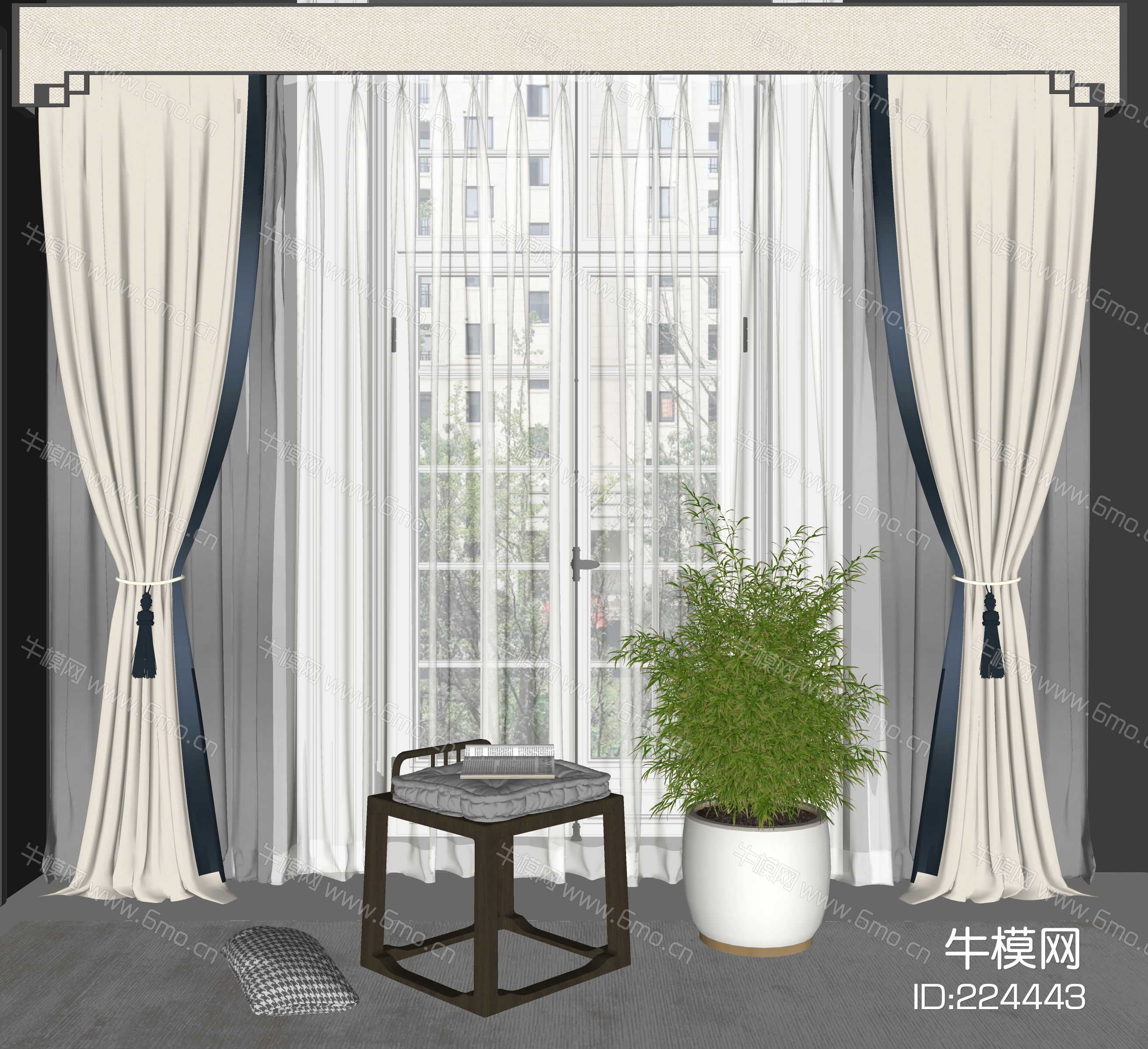 新中式窗帘 盆栽