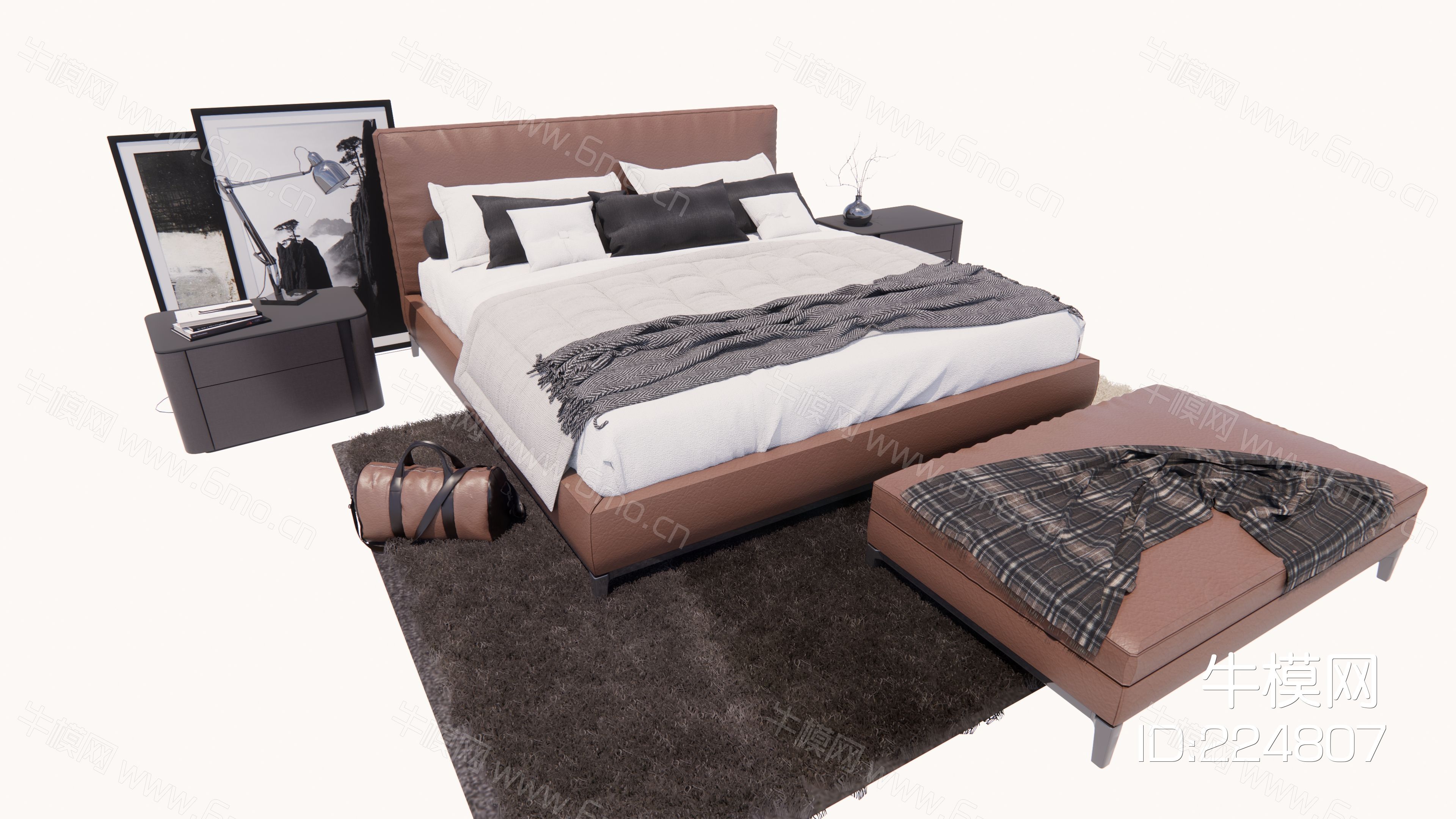 现代双人床，床头柜，台灯，床尾凳床品