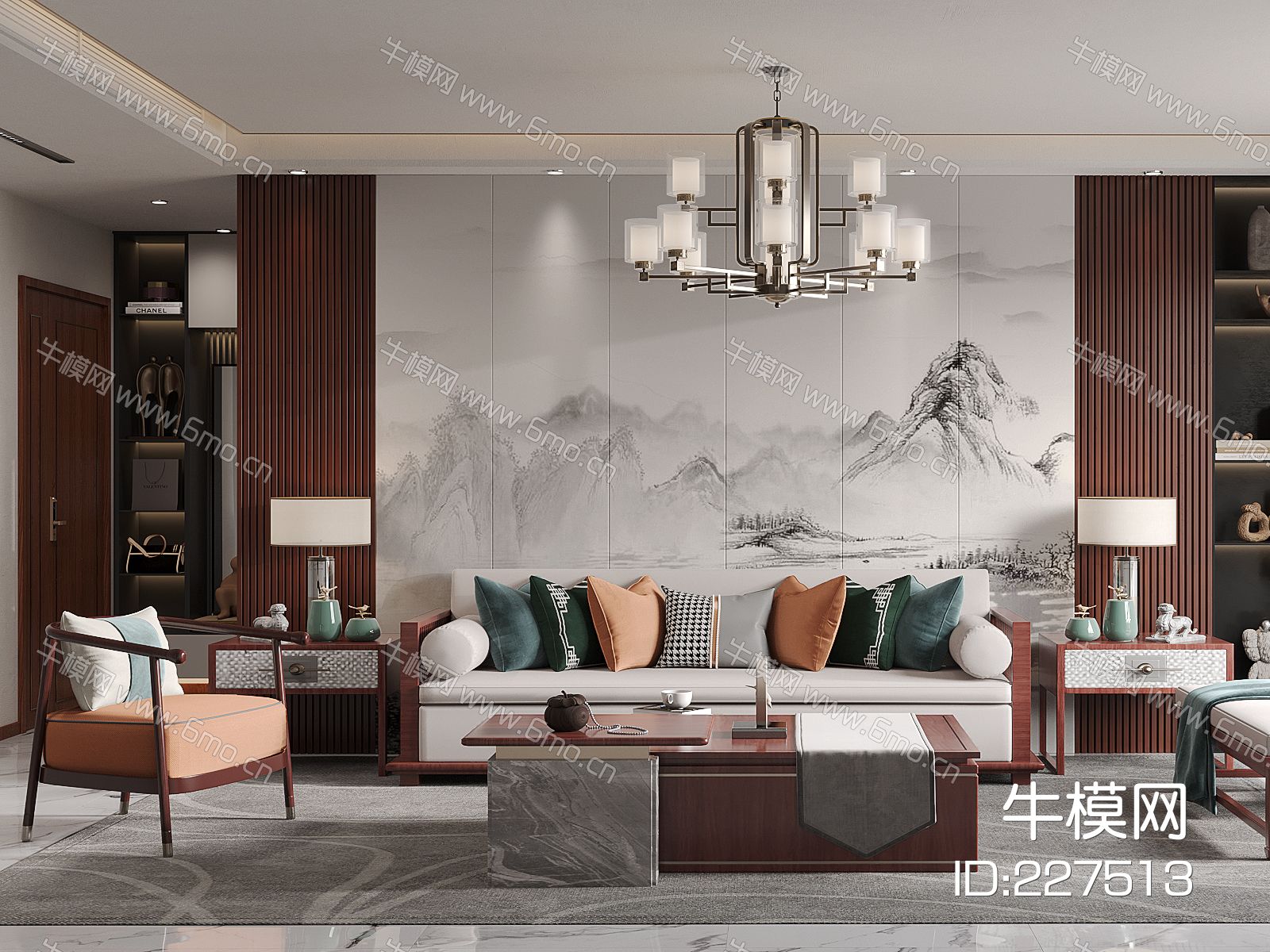 中式客厅,红木茶几沙发组合,山水画背景墙,中式吊灯,台灯