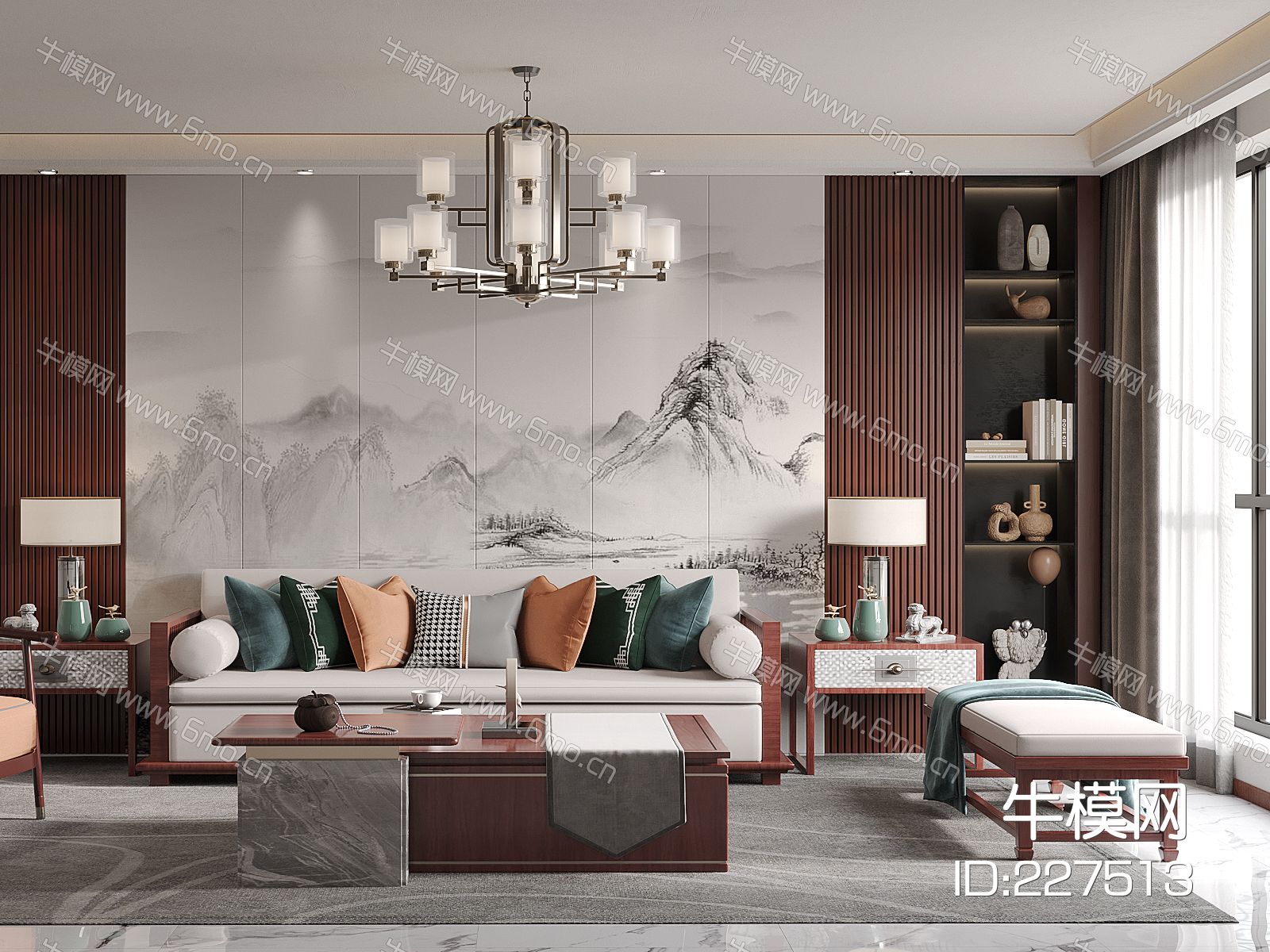 中式客厅,红木茶几沙发组合,山水画背景墙,中式吊灯,台灯