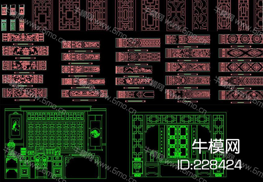 CAD中式花格雕花屏风隔断精品门洞图