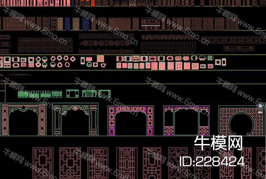 CAD中式花格雕花屏风隔断精品门洞图