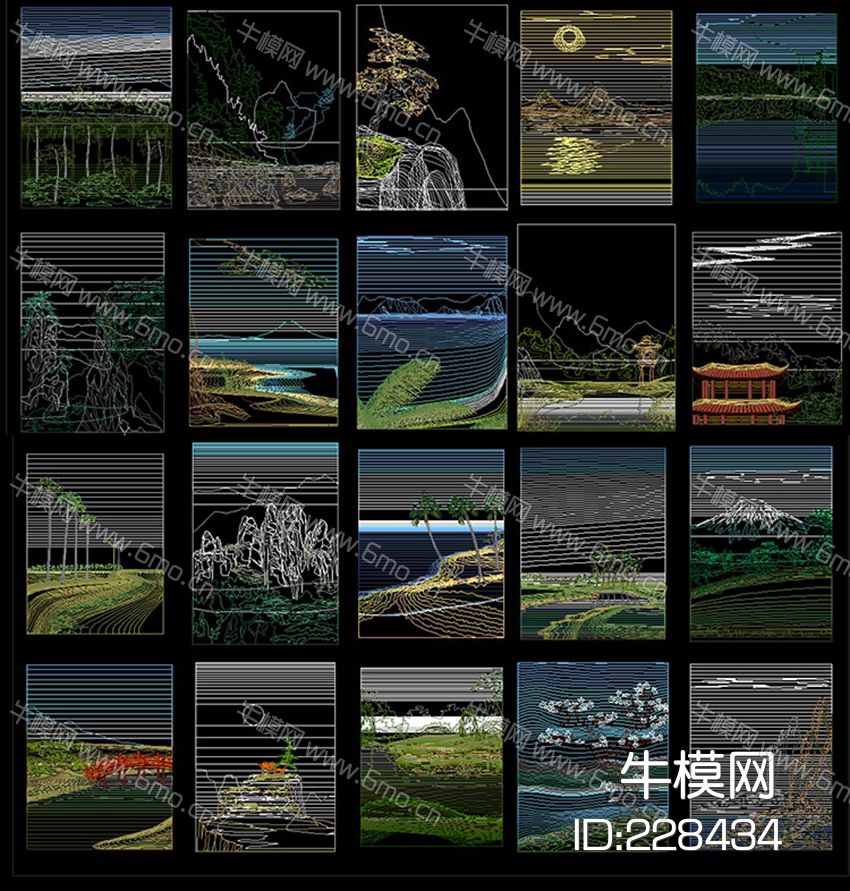 山水风景背景墙装饰画CAD图