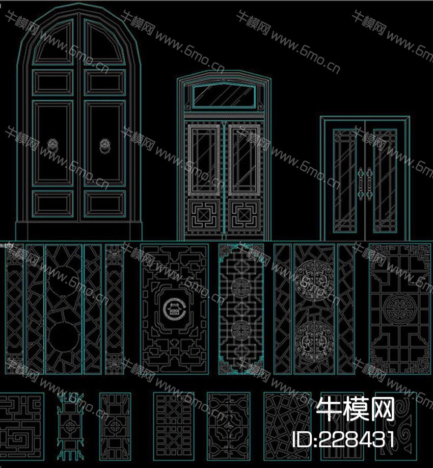 CAD中式门屏风雕花隔断门头窗户节点
