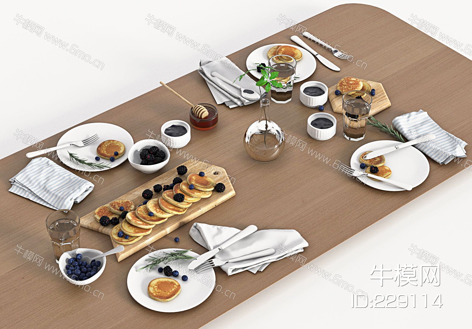 现代餐桌桌面摆件，餐桌摆件，烙饼，烧饼，蓝莓，桑耳，煎蛋，餐盘，刀叉