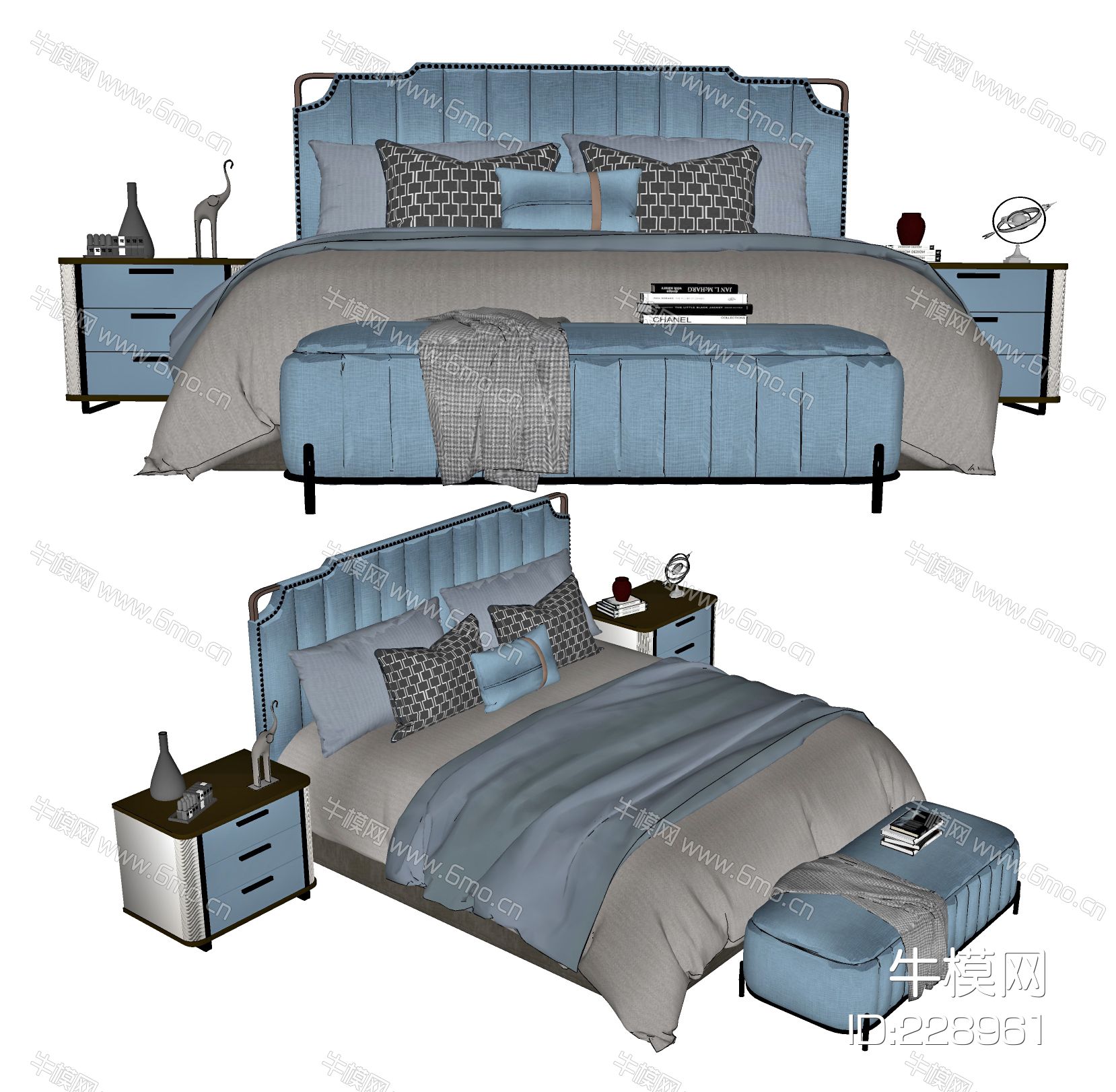 现代双人床，主卧床，落地床，四角床，床品，摆件，抱枕，毯子，被褥，床头柜