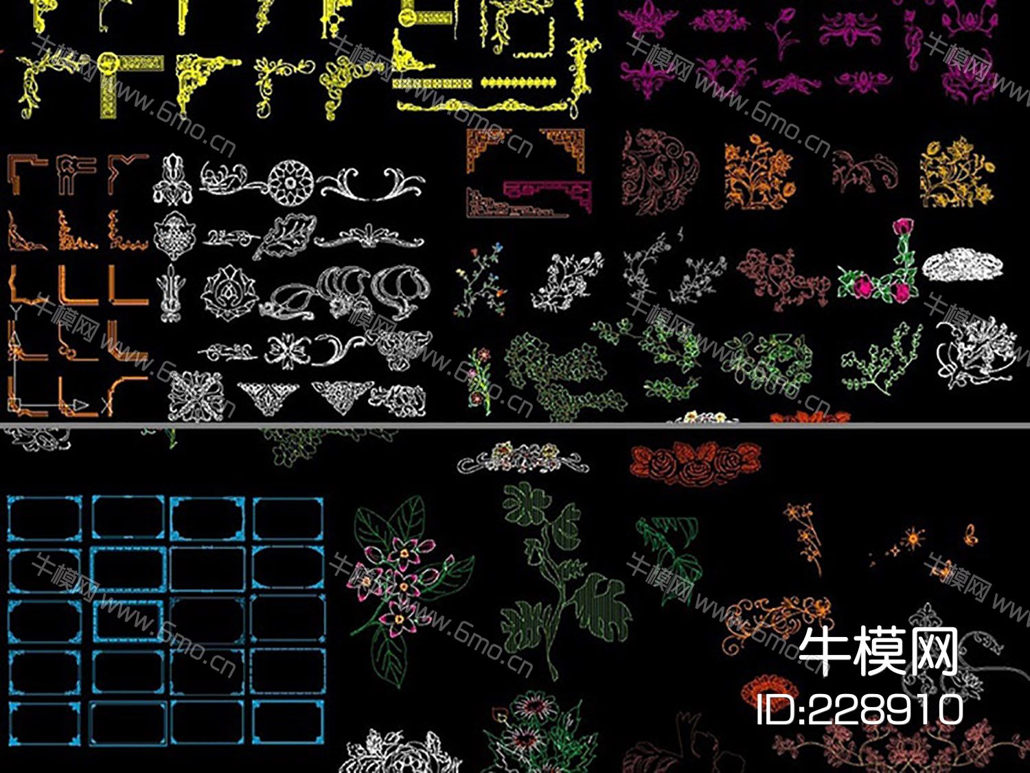 CAD角花边框雕刻花纹图案雕花图CAD