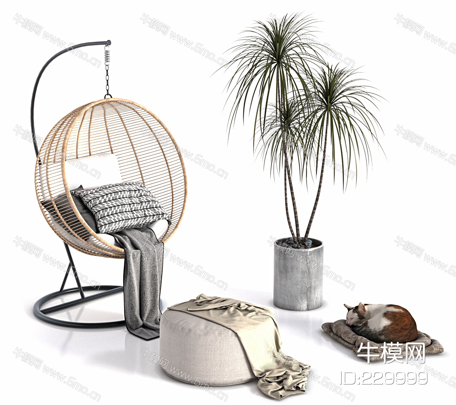 现代休闲椅，吊椅，铁艺吊椅，摇椅，竹制吊椅，盆栽，沙发凳，猫，毯子，抱枕