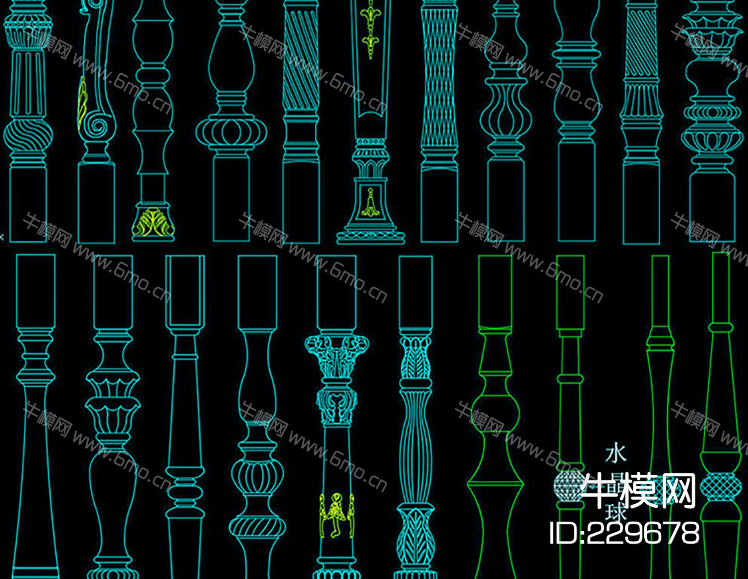 楼梯立柱扶手柱头设计CAD图素材