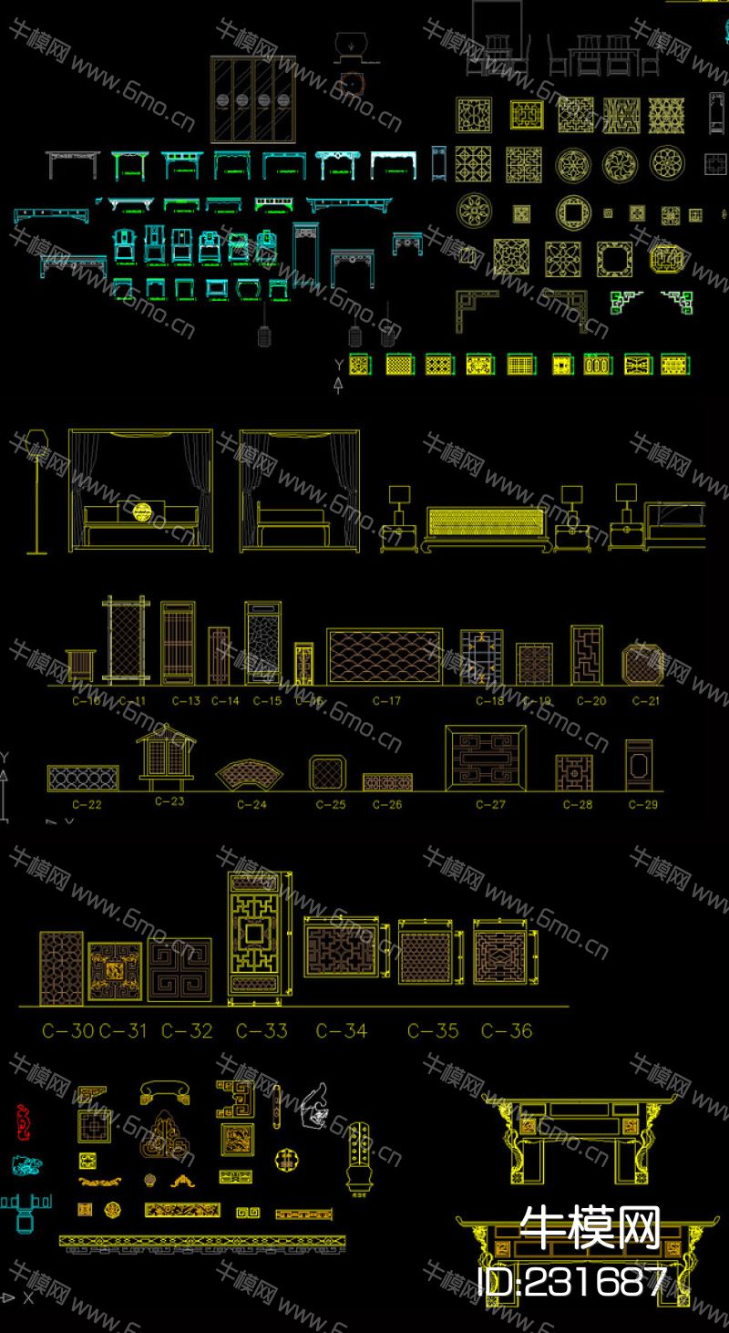 中式家具雕花构件CAD图库总汇CAD素材图