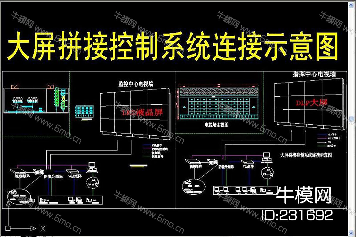 大屏拼接控制系统连接示意图CAD素材图