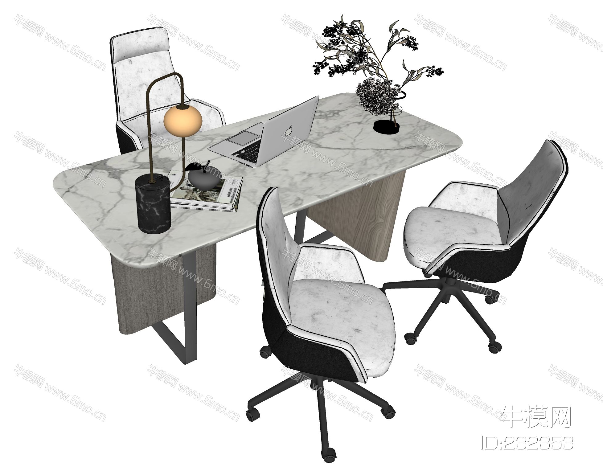 现代办公桌，书桌，经理桌，办公椅，主管桌，电脑，摆件，台灯，花瓶，餐桌