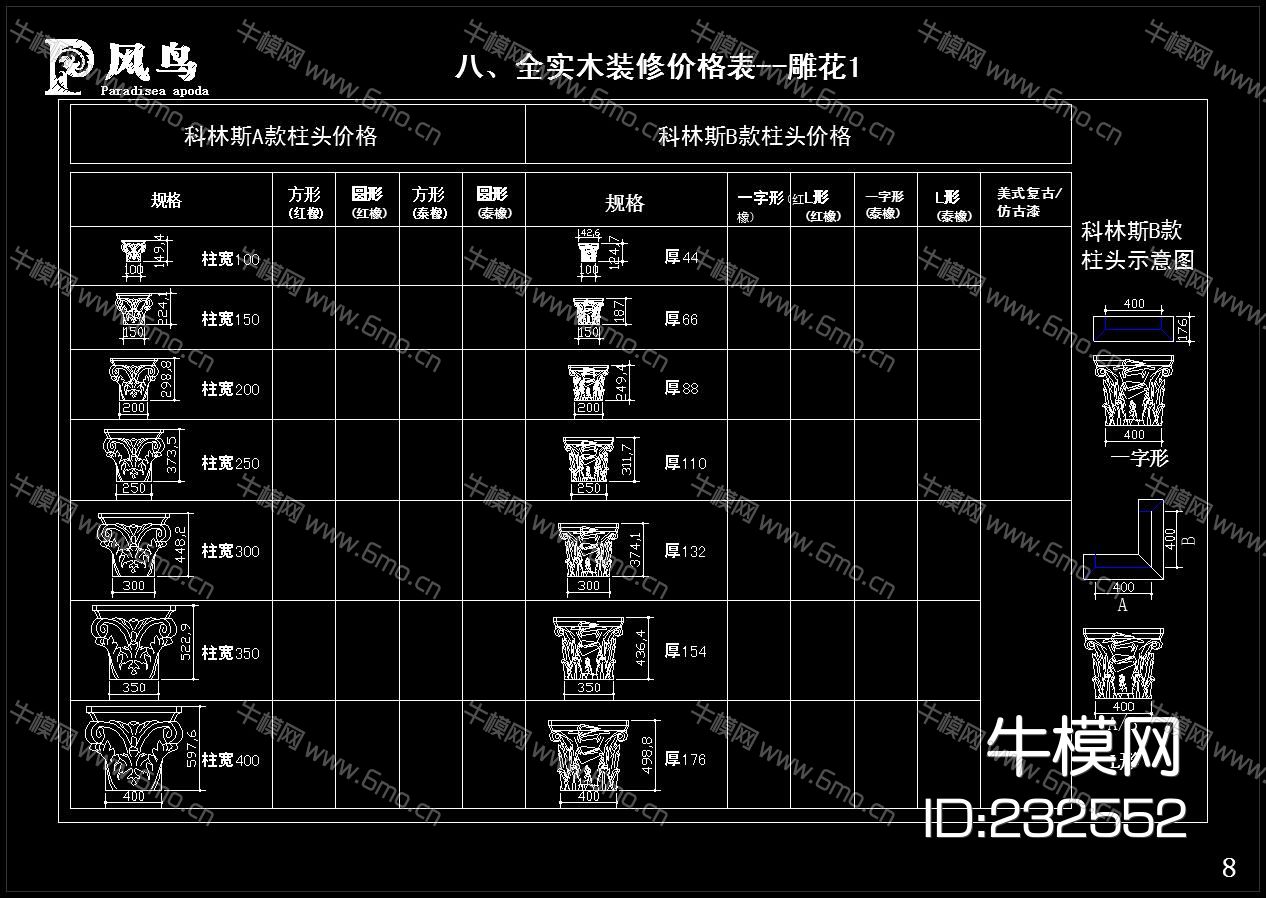 整木定制护墙板、门套线条雕花报价表