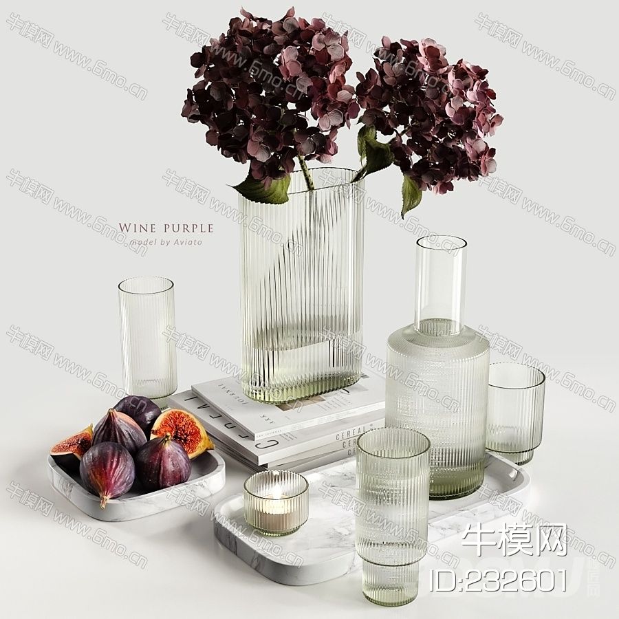 装饰组合，果盆，玻璃花瓶，书，玻璃杯