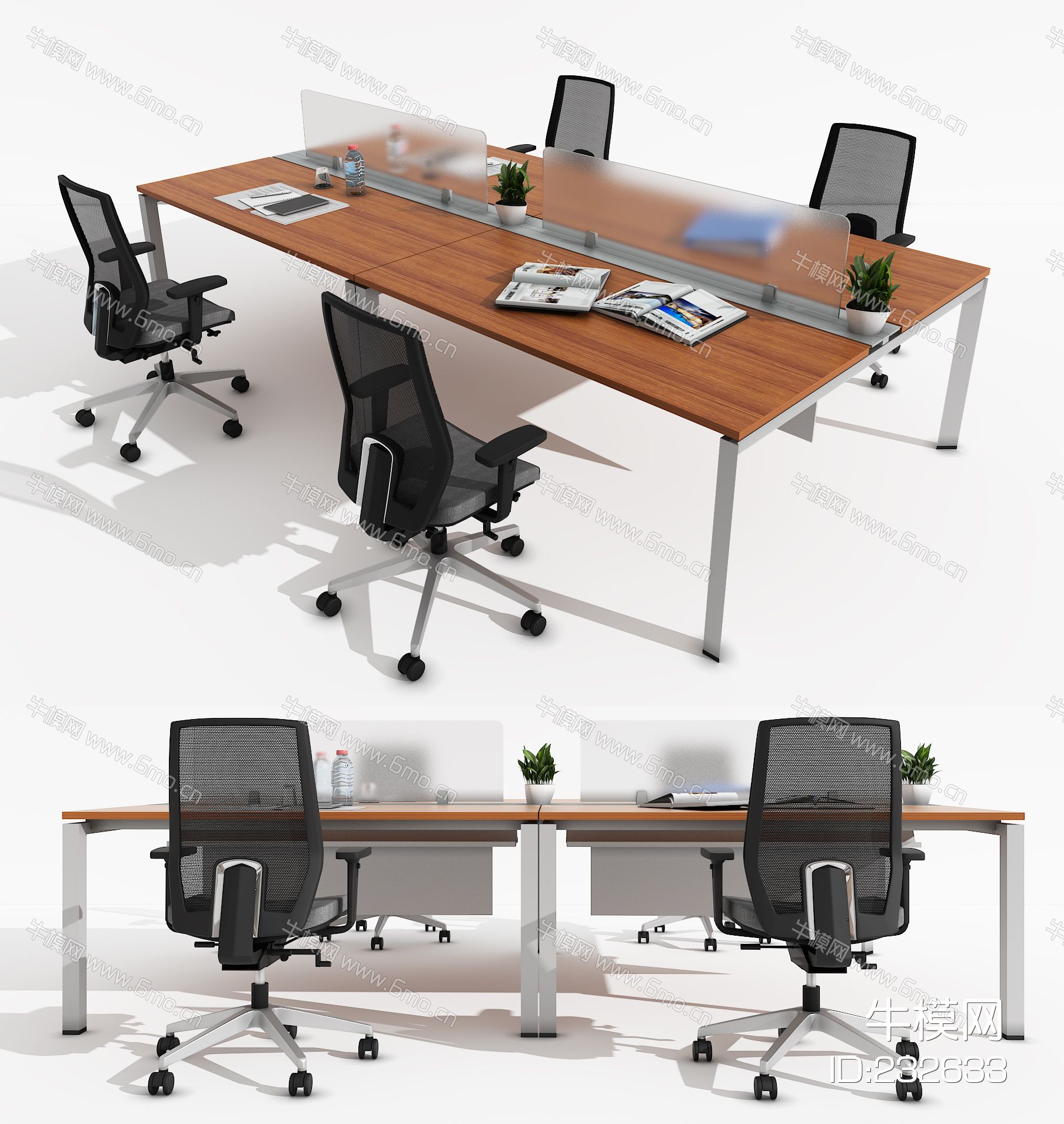 现代办公桌，办公椅，条桌，会议椅，摆件，书，桌上屏，工位，员工位，职员桌